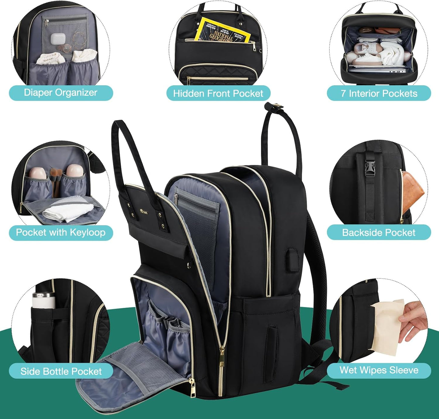 MOMUVO Diaper Backpack for Women Large Capacity with Insulated Pockets Diaper Bags For Baby Girl Boy Waterproof Baby Bags