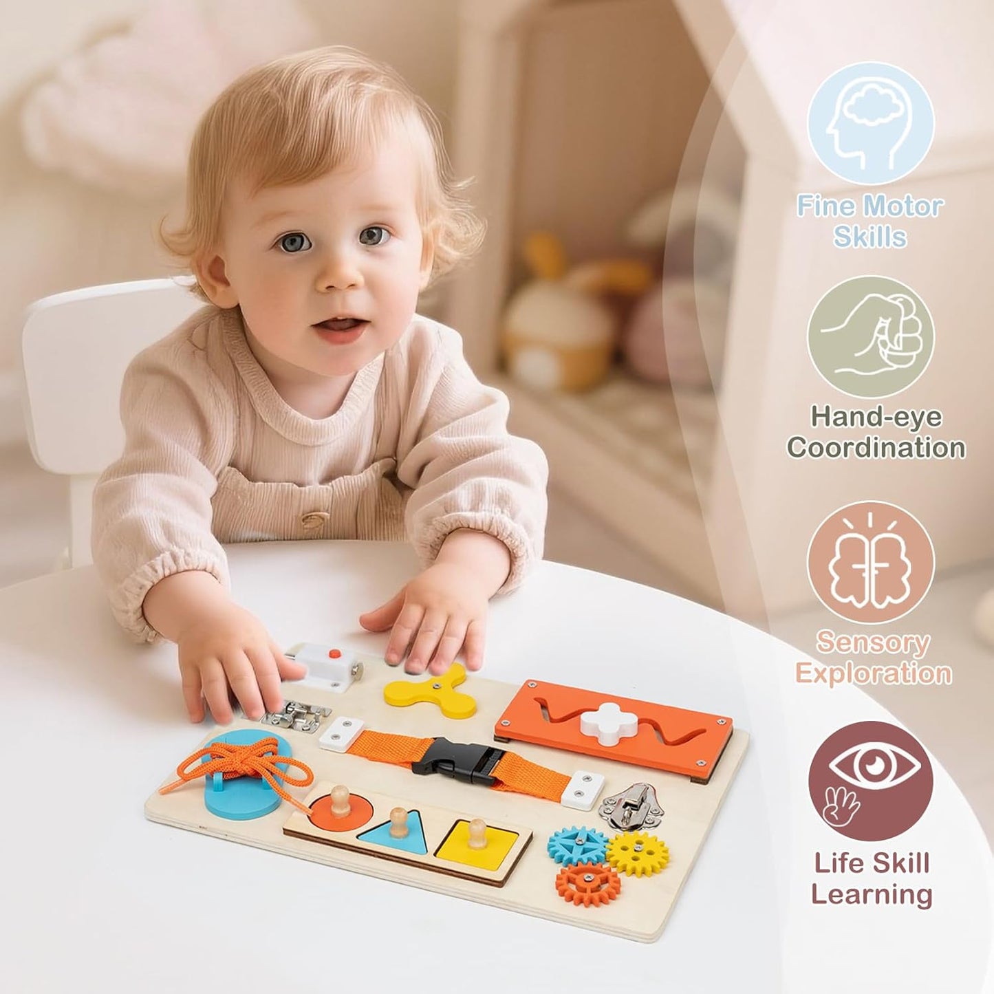 Montessori Busy Board for Toddlers, 9-in-1 Wooden Sensory Toys for Fine Motor Skills, Educational Activity Board for Preschool Learning, Travel Toys Gift for Boys Girls 3 4 5