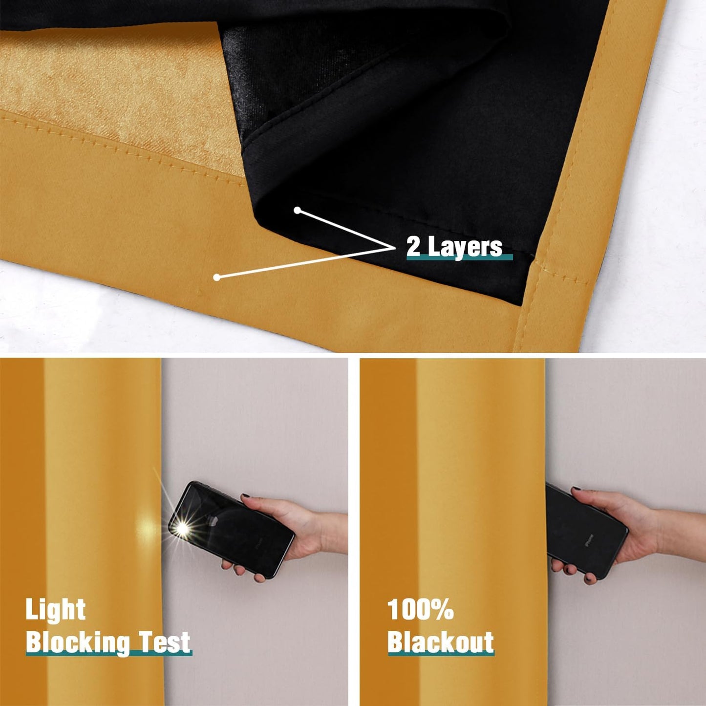 ChrisDowa 100% Blackout Curtains for Bedroom with Black Liner, 2 Thick Layers Total Blackout Thermal Insulated Grommet Window Curtains 2 Panels Set (Mustard Yellow, 42 x 84 Inch)