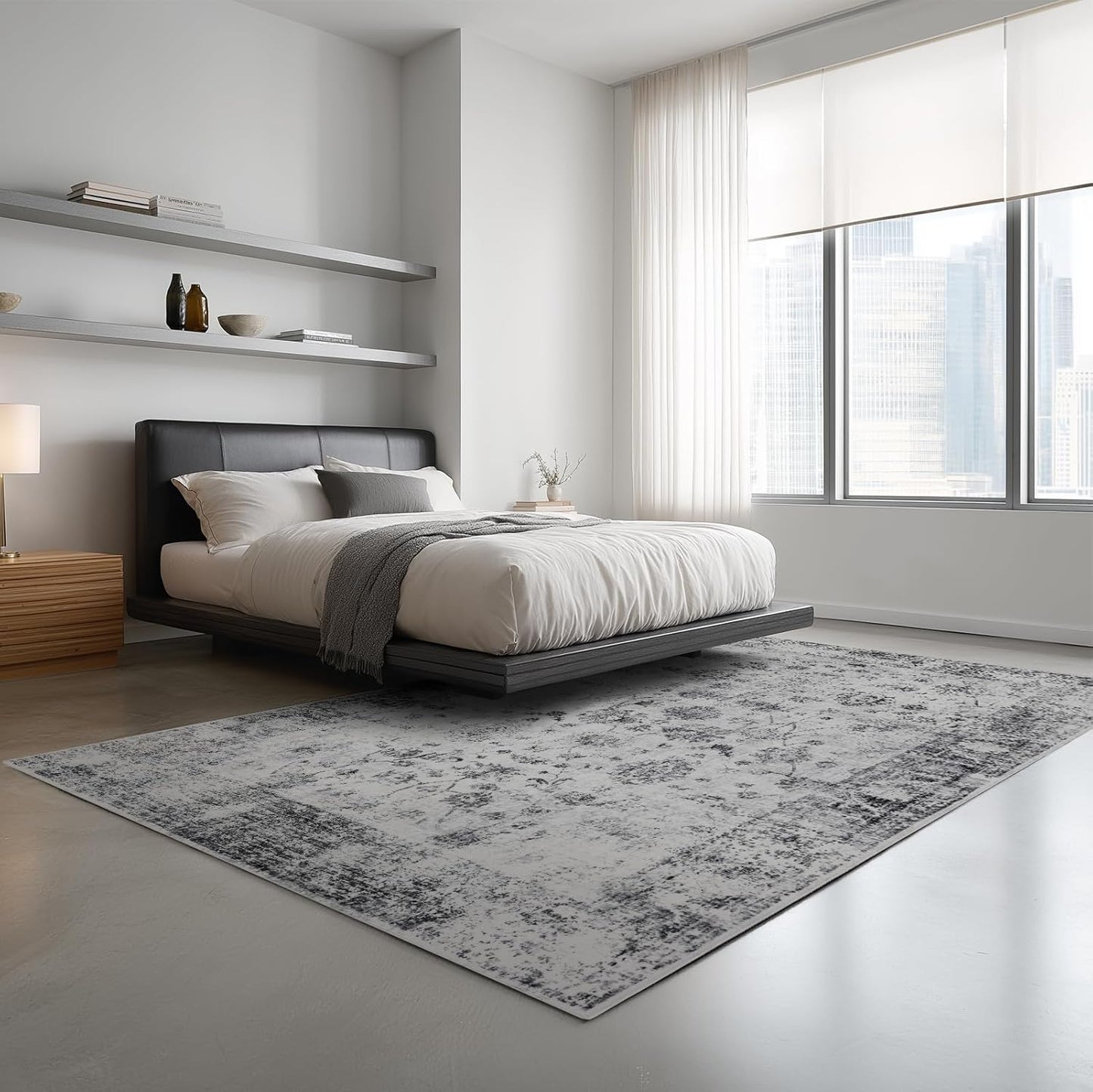 Washable 6x9 Area Rug for Living Room, Carpet for Bedroom Dining Room, Non Slip&Non-Shedding Resistant Low Pile Vintage Print Rug for Home Office ((White/Grey)