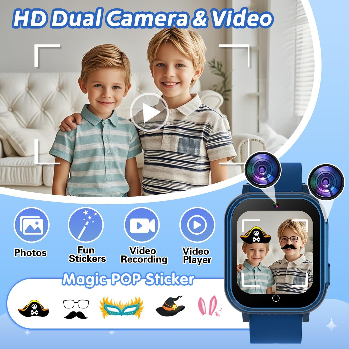 Kids Waterproof Smart Watch with 32 Games Dual Camera Music Player Pedometer Habit Tracking HD Screen Protectors Lanyard Flashlight Storybook, Smart Watch for Kid Birthday Gifts for 5-12 Year Olds Boy