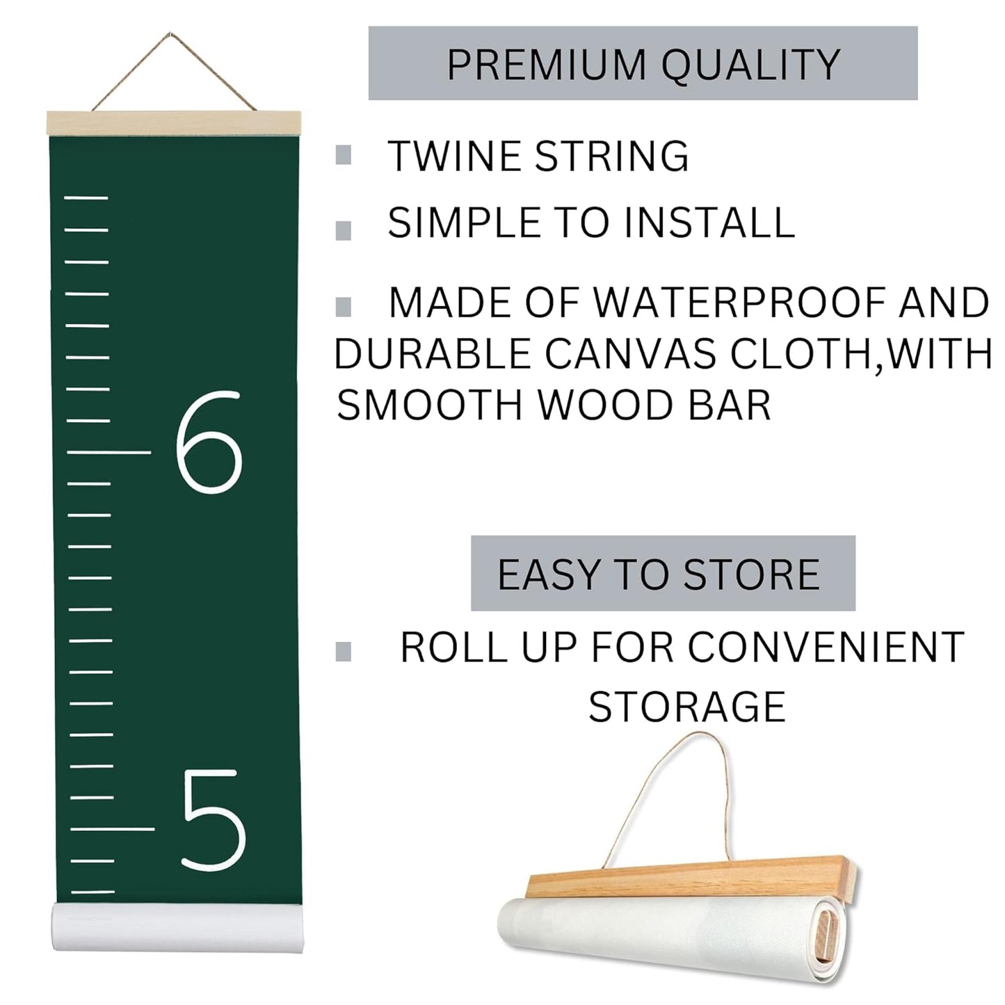 Morxy Canvas Growth Chart for Kids - Unisex Kids Room Wall Decor - Measuring Height Chart- Wall Tape with Height Chart for Kids (Canvas, Plain Dark Green)