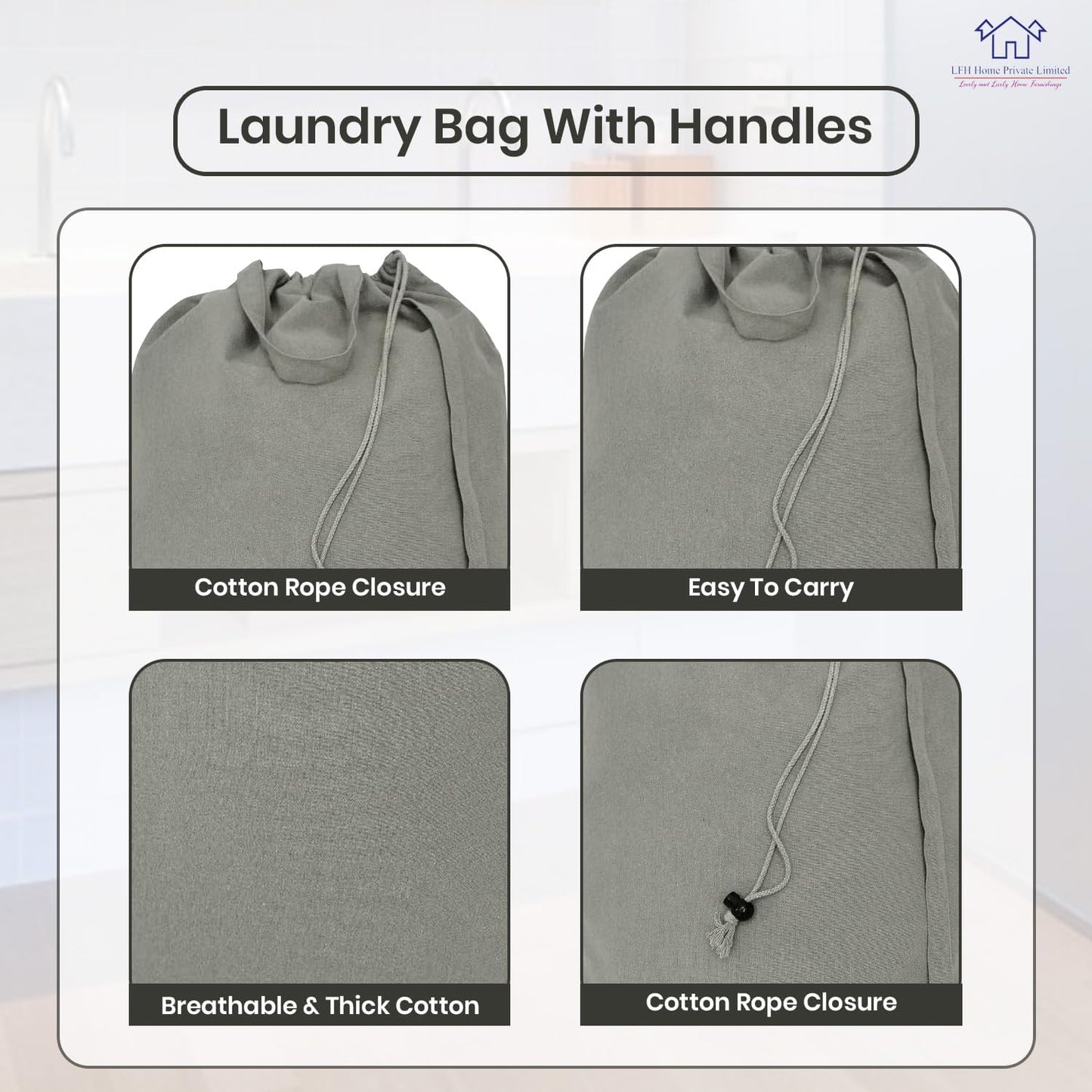 LFH Home Cotton Canvas Extra Large Laundry Bag with Handle, Heavy Duty Drawstring Closure Washable Laundry Bags, School Travel, Home, Hotel, College Dorm, Organizer Sack, Toys Clothes 28x36-Grey