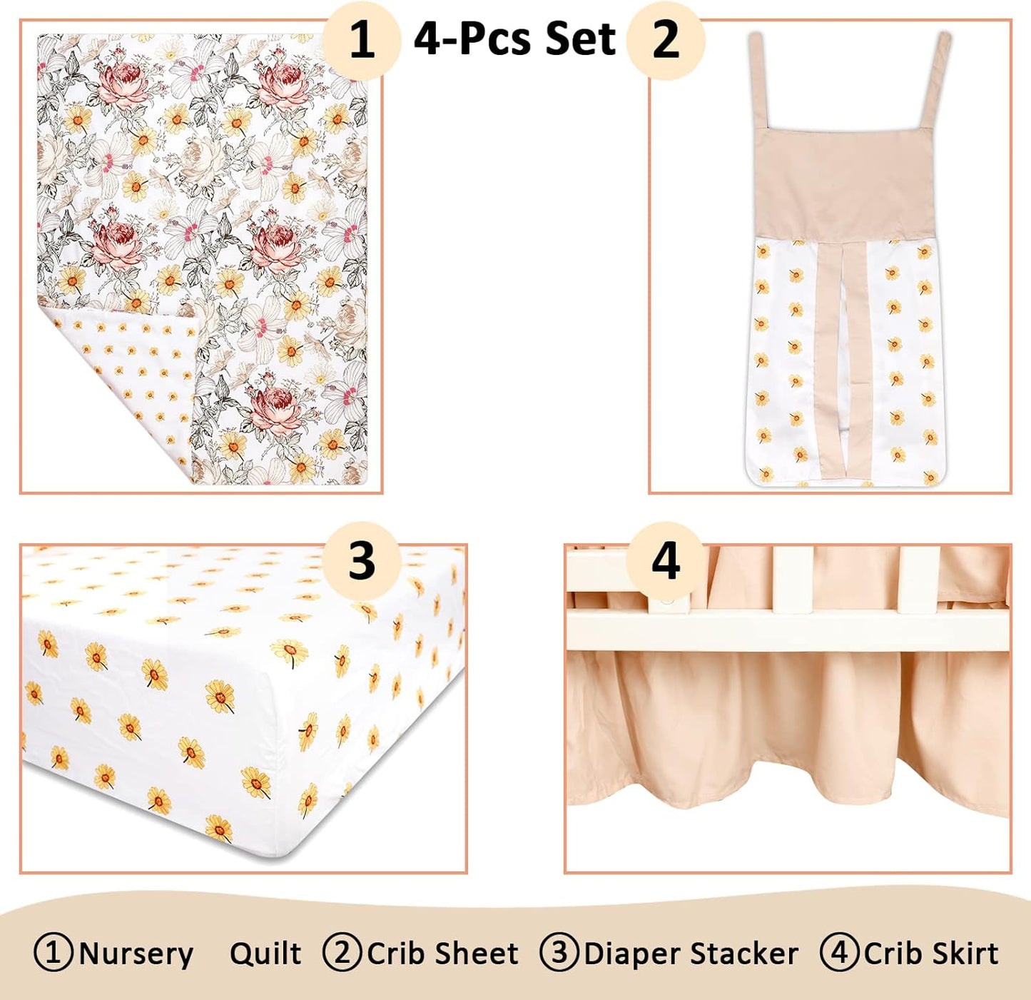 4-Piece Crib Bedding Set for Girls, Boho Baby Girl Bedding Set with Crib Skirt, Baby Quilt, Crib Sheet and Diaper Stacker, Flower