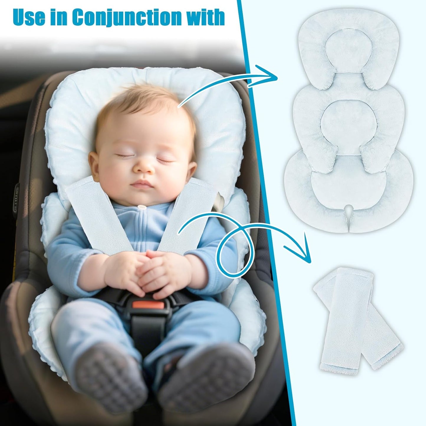 GFU Infant Car Seat Insert Head and Body Support, Reversible Newborn Insert for Carseat with Strap Pads, Soft Stroller Cushion Pillow Insert for Boys and Girls, Fits for Stroller, Swing, Lightblue