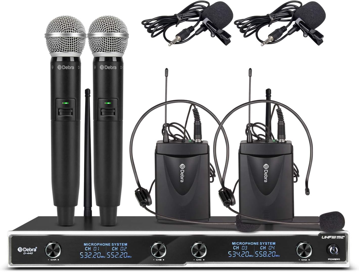 D Debra Audio D-440 UHF 4-Channel Wireless Microphone System with 4 Cordless Mics, Home Karaoke KTV Set, Ideal for Party, Church, Weddings, Stage, DJ, Outdoor, 300 Ft (2 Handheld & 2 Bodypack)