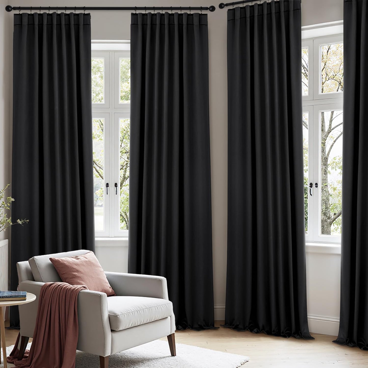 ANRODUO Back Tab Blackout Curtains for Bedroom Living Room, Rod Pocket Pinch Pleated Thermal Insulated Room Darkening Curtains 63 Inches Long 2 Panels, Black, 42 x 63 Inch