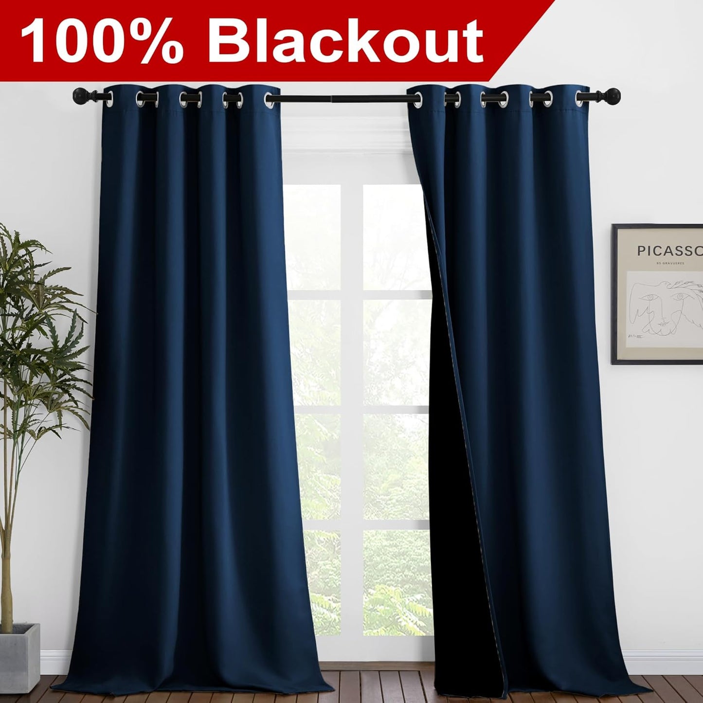 NICETOWN Moroccan Blue Full Shade Curtain Panels, Pair of Thermal Insulated & Energy Efficiency Blackout Drapes for Living Room Windows, Lined Silky Performance Window Dressing (46" Wide x 90" Long)
