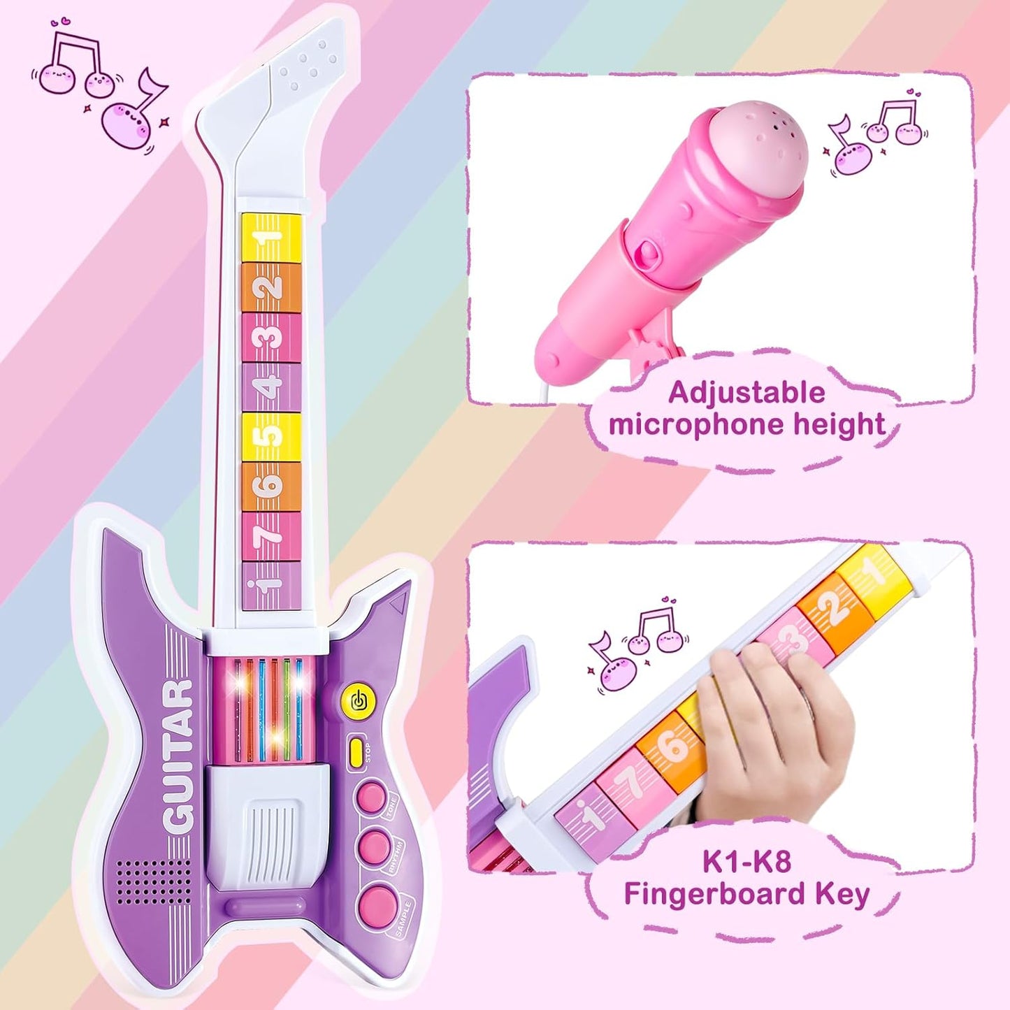 deAO Kids Guitar and Microphone Set with Stand Adjustable Height Music Light Karaoke Music Toys Christmas Birthday Gift for Kids Boys Girls (Purple)