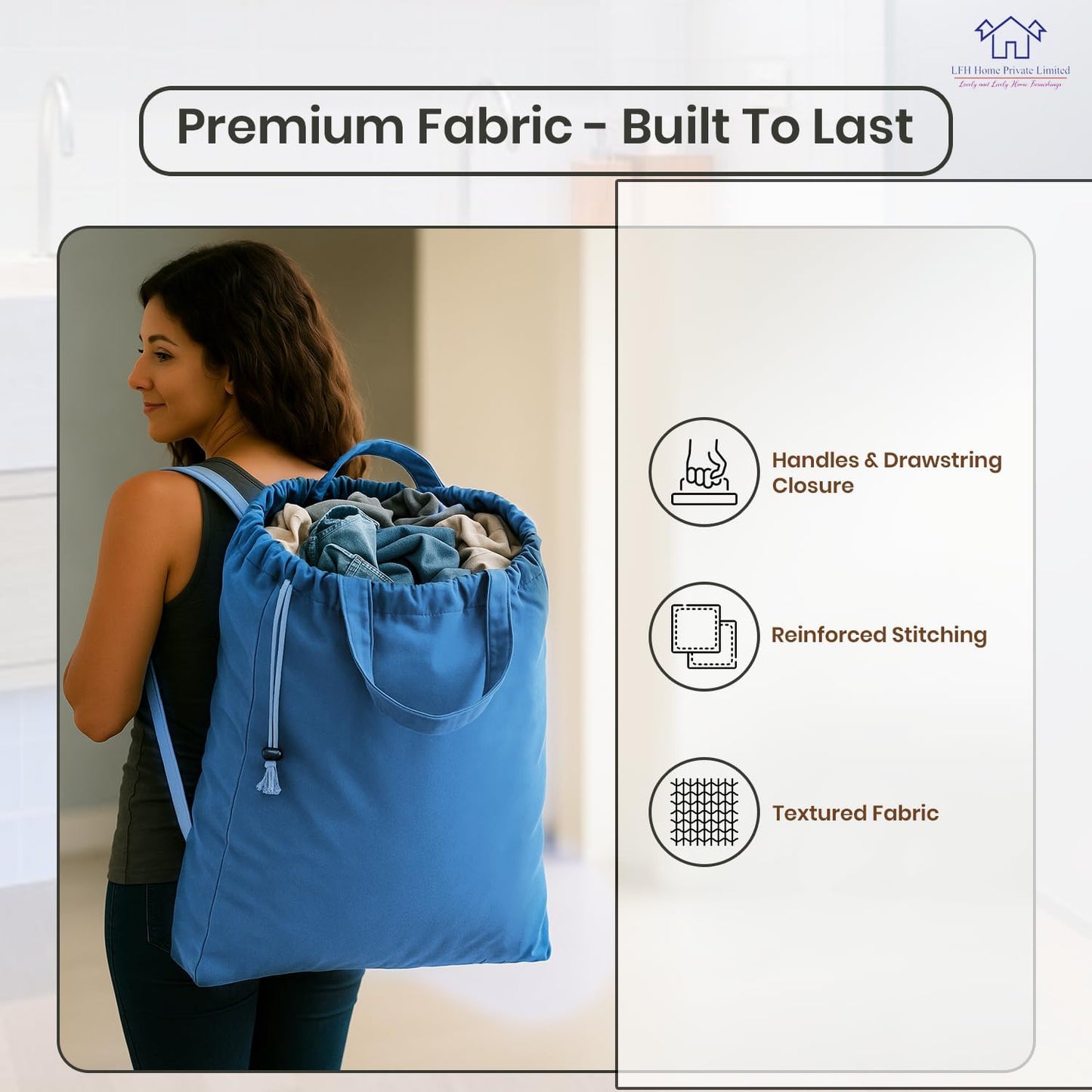 LFH Home Cotton Canvas Large Laundry Bag with Handle, Heavy Duty Drawstring Closure Washable Laundry Bags, School Travel, Home, Hotel, College Dorm, Organizer Sack, Toys Clothes 24x36-Sky Blue