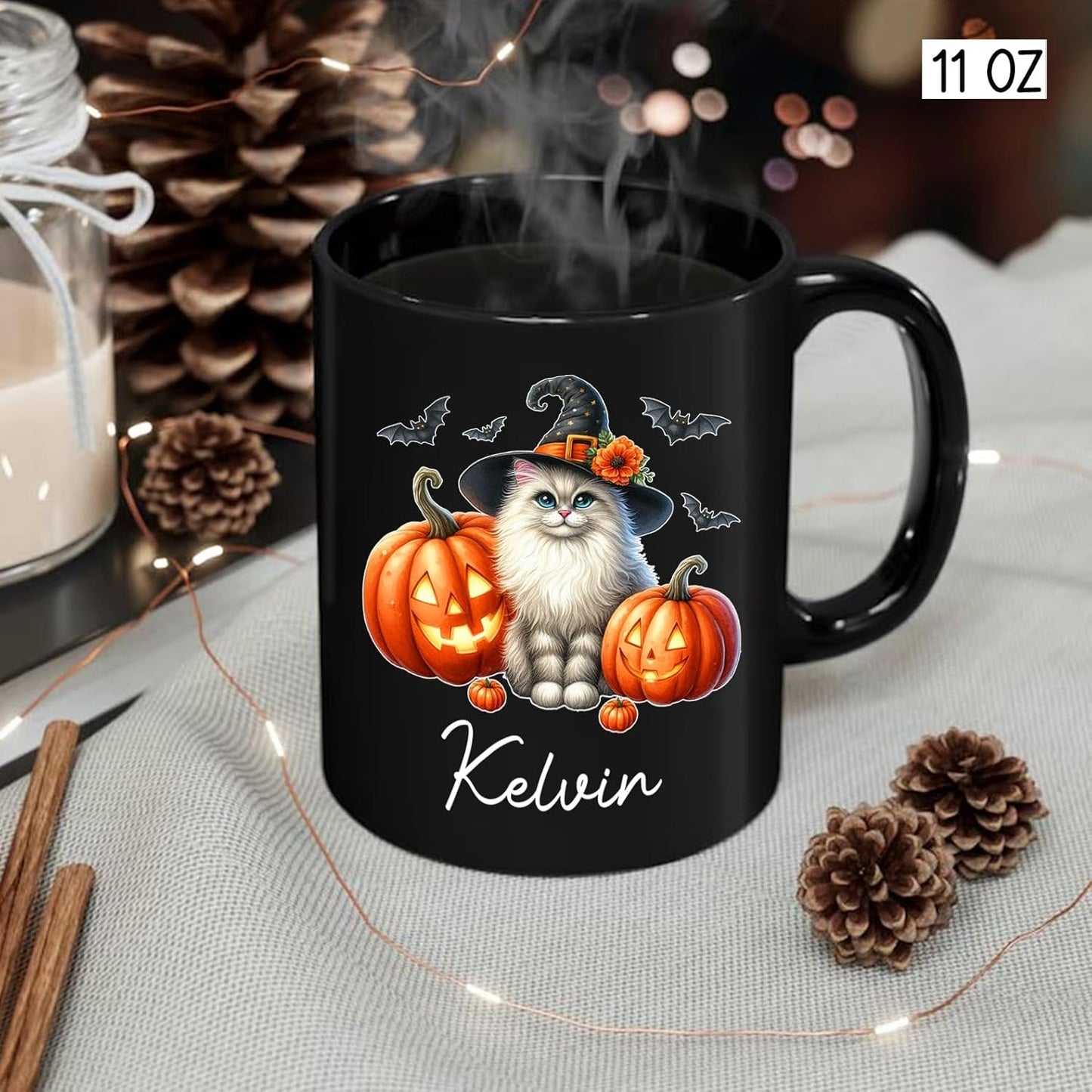 Personalized Turkish Angora Wearing Witch Hat Mug 11oz 15oz, Halloween Turkish Angora Coffee Cup with Custom Name, Cat Pumpkins Ceramic Mug for Halloween, Cat Pet Black Cup Gift for Pet Lover
