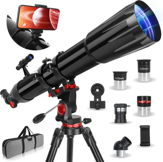 Telescope,Telescope for Adults High Powered, 90mm Aperture 900mm Professional Refractor Telescopes for Kids & Beginners, Magnification 450X,for Planet Observation with Stainless Tripod & Phone Adapter