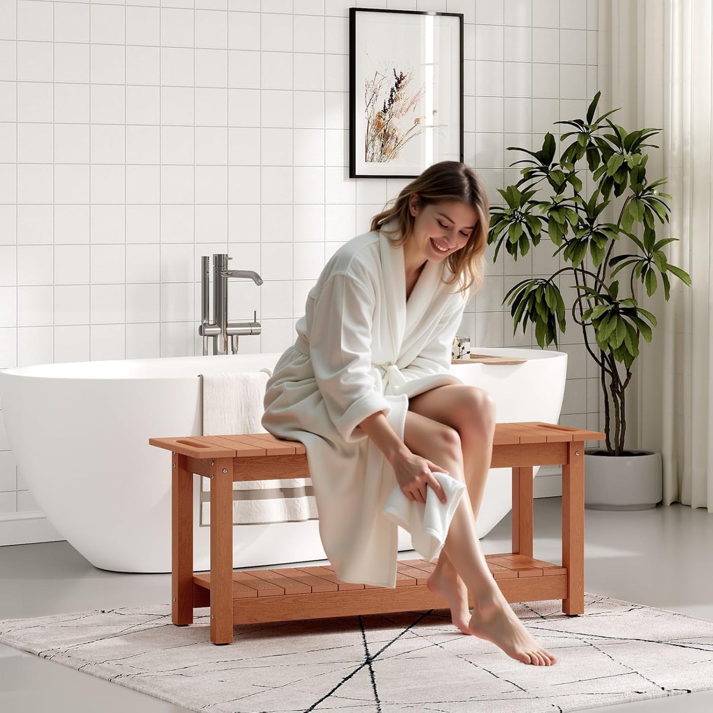 41" Shower Bench, Waterproof Poly Lumber Shower Stool for Shaving Legs, Shower Chair Seat Holds up to 400lbs, Bathroom Bench for Inside Shower, Non-Slip (Brown)