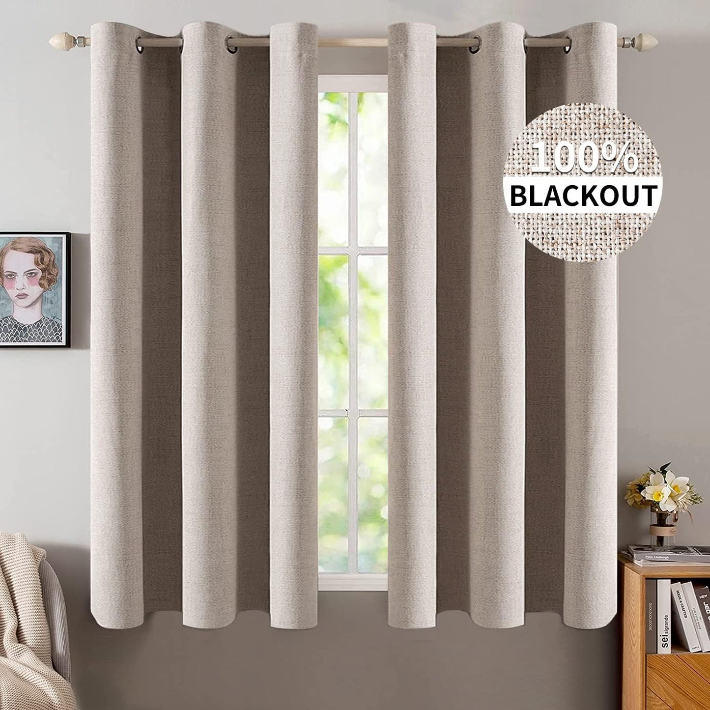 MIULEE Linen Blackout Curtains and Drapes 100% Room Darkening Thermal Insulated Grommet Window Panels with Coating 2 PCs W 42 x L 63 inches Khaki