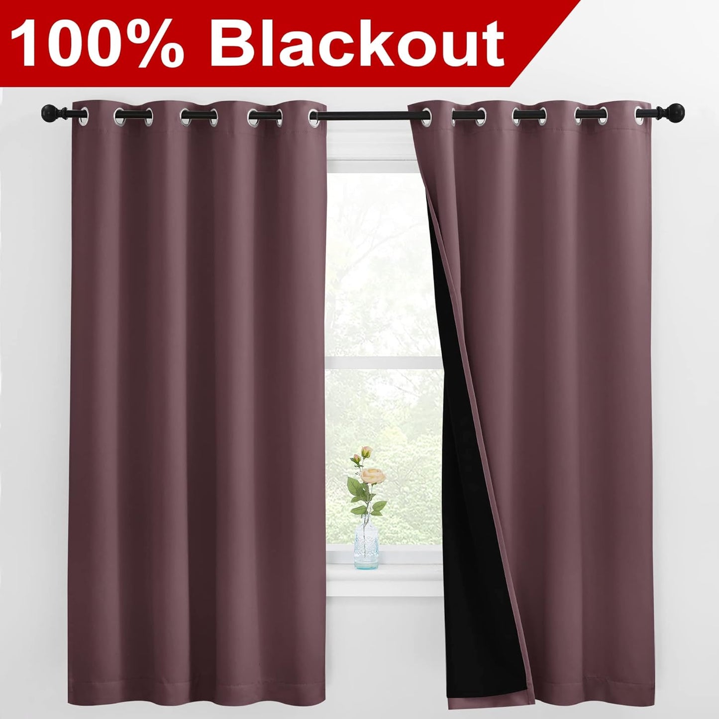NICETOWN Bedroom Full Blackout Room Warming Curtain Panels, Super Thick Insulated Window Covers, Complete Blackout Draperies with Black Liner for Short Window (Dry Rose, Set of 2, 55 by 68-inch)
