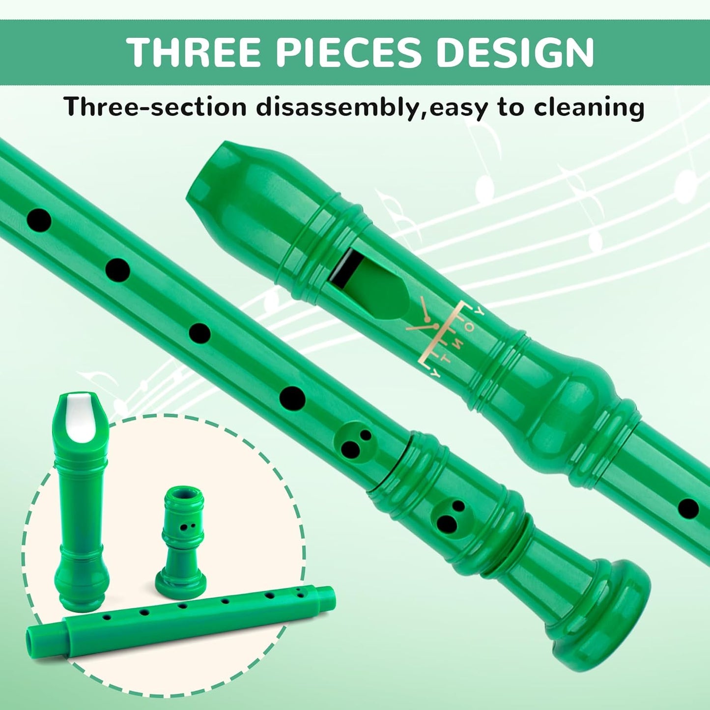 Soprano Recorder 8-Hole Instrument for Beginners Kids Students, German Style C Key Flute with Cleaning Rod & acking Bag for Education & Entertainment - Green