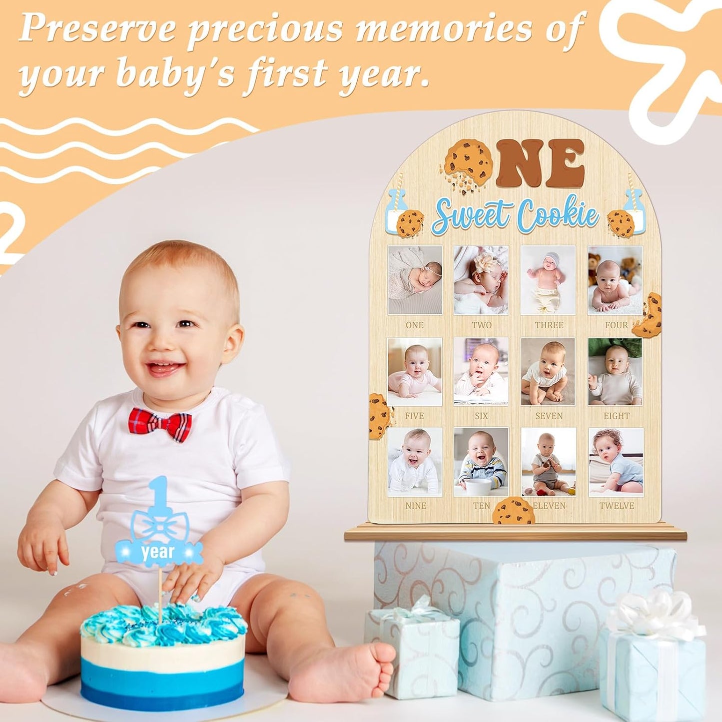One Sweet Cookie Photo Board Milk and Cookies Birthday Party Wooden Board Decorations 12 Monthly Milestone Picture Frame One Year Old Wood Sign 1st Birthday Photo Banner for Baby Keepsake Gift Supply