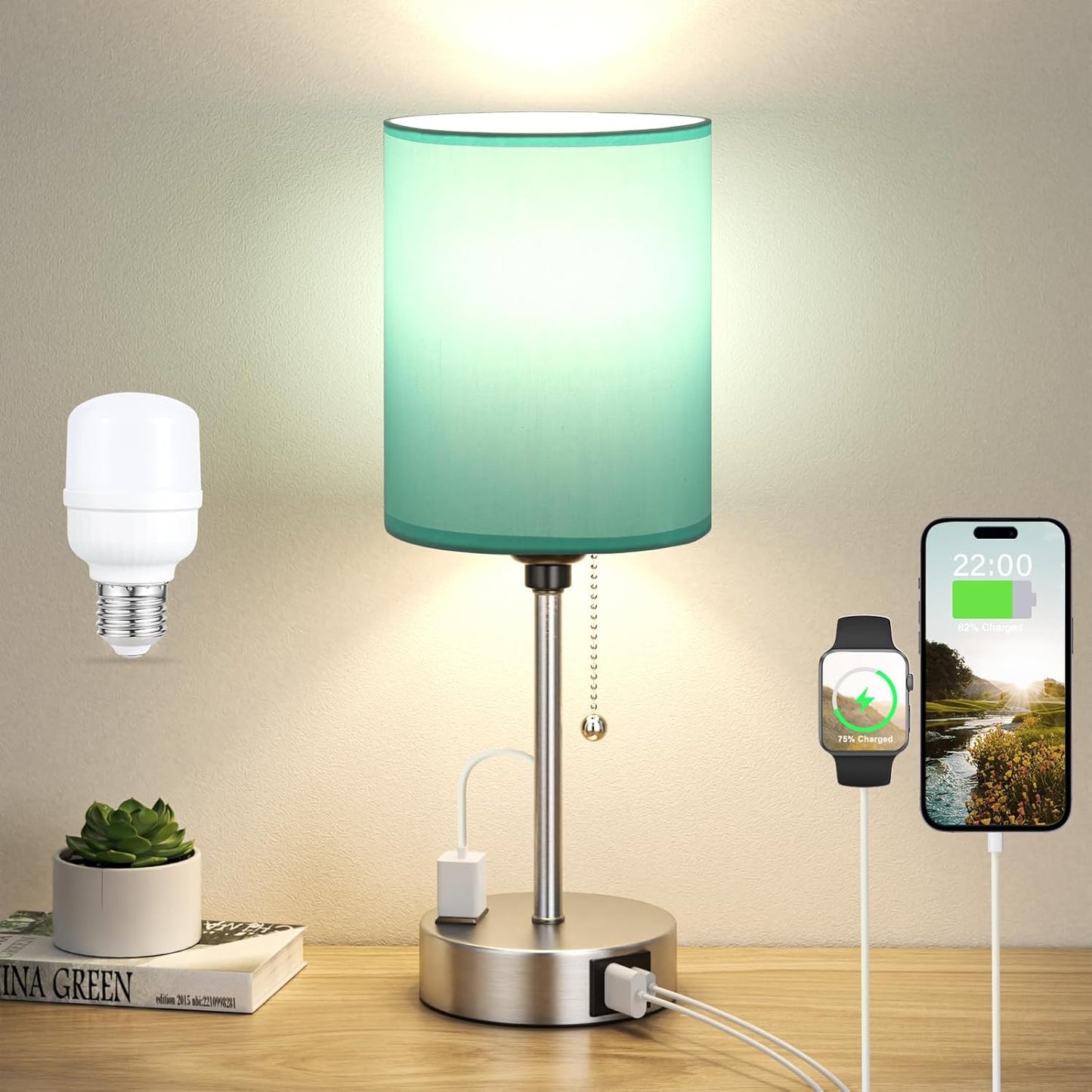 Teal Bedside Lamp for Nightstand - 3 Color Temperature Table Lamp with USB C and A Ports, Pull Chain Lamp for Bedroom with AC Outlet, Coastal Desk Lamp with Silver Metal Base for Kids Girls