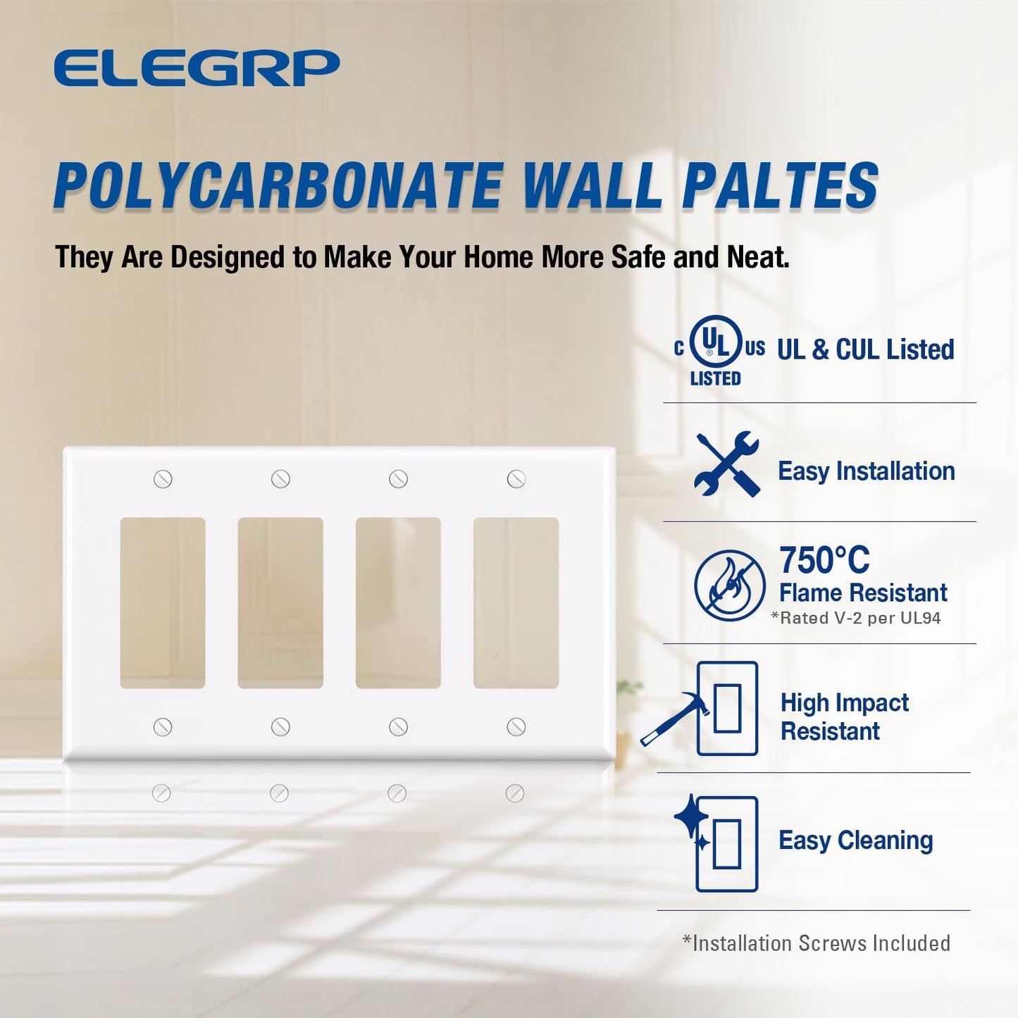 ELEGRP 4-Gang Decorative Wall Plates, Mid-Size 4.88" H x 8.57" L Unbreakable Thermoplastic Faceplate Cover for Decorator Receptacle Outlet Switch, UL Listed (2 Pack, Glossy White)