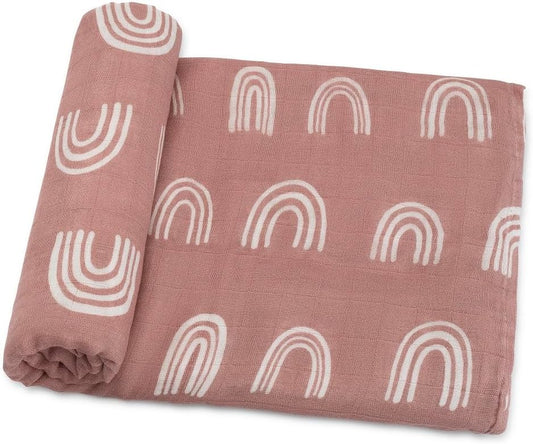 Comfy Cubs Muslin Swaddle Blankets Pack of 1 - 47 x 47 Inch Soft Cotton Baby Blanket Set, Large Multipurpose Wraps for Newborns - Self-Soothing Swaddles for Newborns - Mauve Rainbow