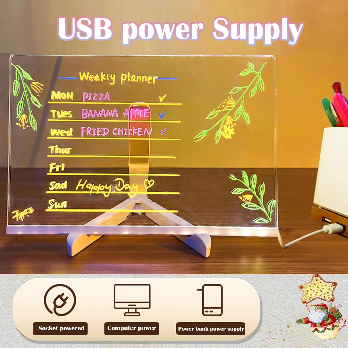 LED Drawing Board, Light Up Erasable Acrylic Message Board with Night Light, Neon Writing Tablet with Adjustable Stand & 12 Color Pens for Kids, Office, and Home Decor (7.9 * 7.9in)