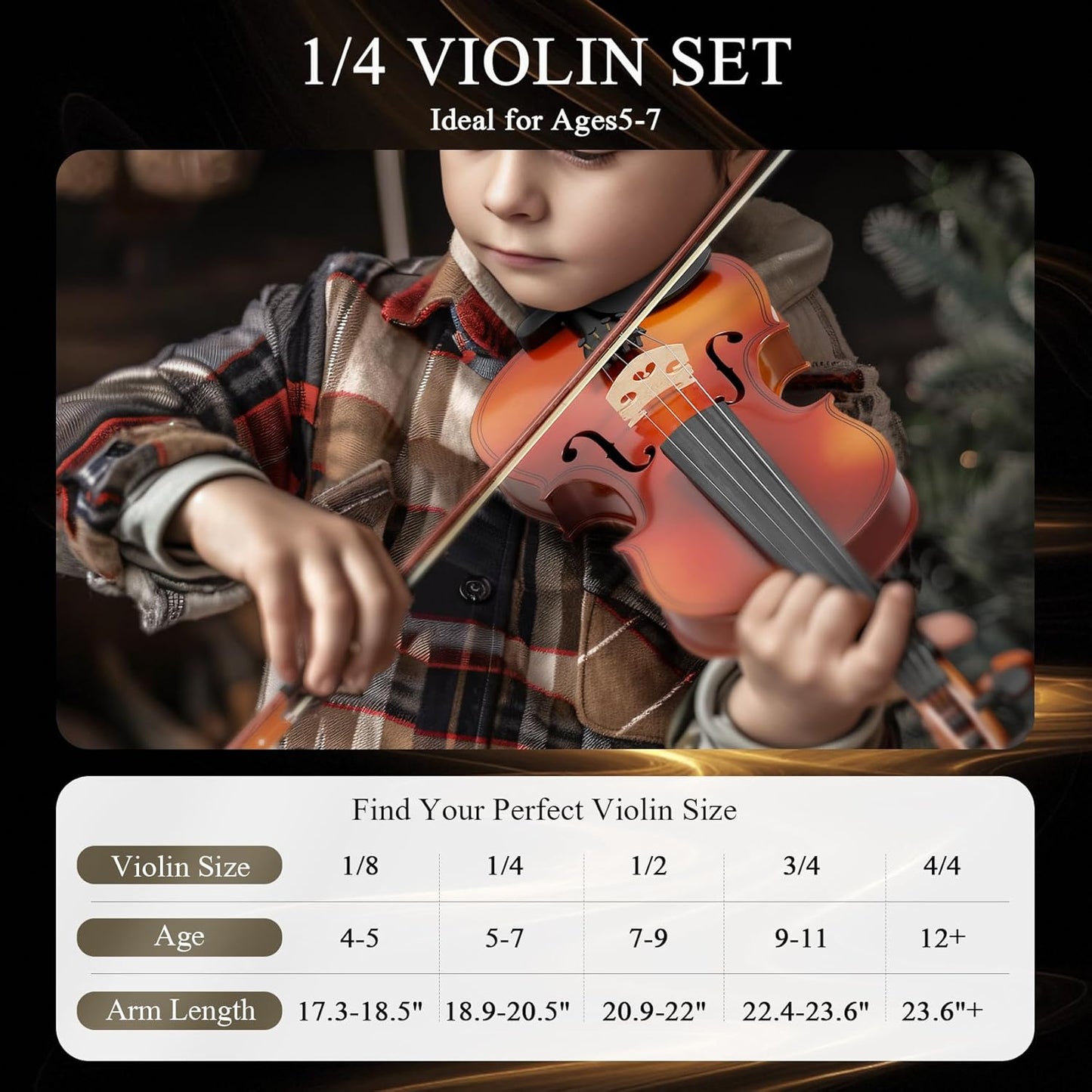 1/4 Beginner Violin Kit, Complete Violin Set with Case, Bow, Rosin, Natural