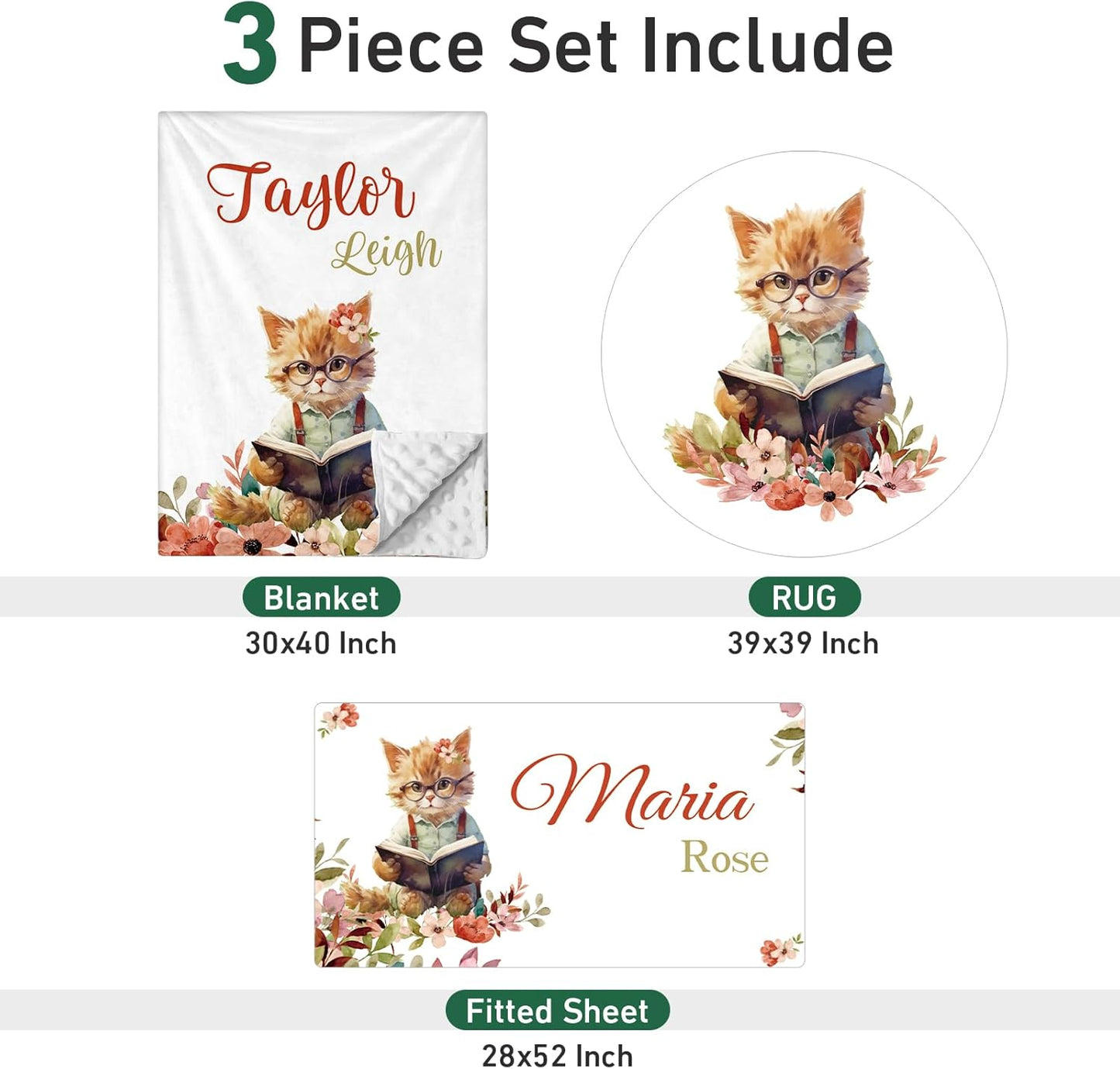 Personalized Baby Crib Bedding Set - Custom Name Cat Theme 3 Pcs Set - Soft Blanket with Double Layer Dotted Backing, Fitted Sheet, Room Rug for Newborns Boys Girls Shower Gift