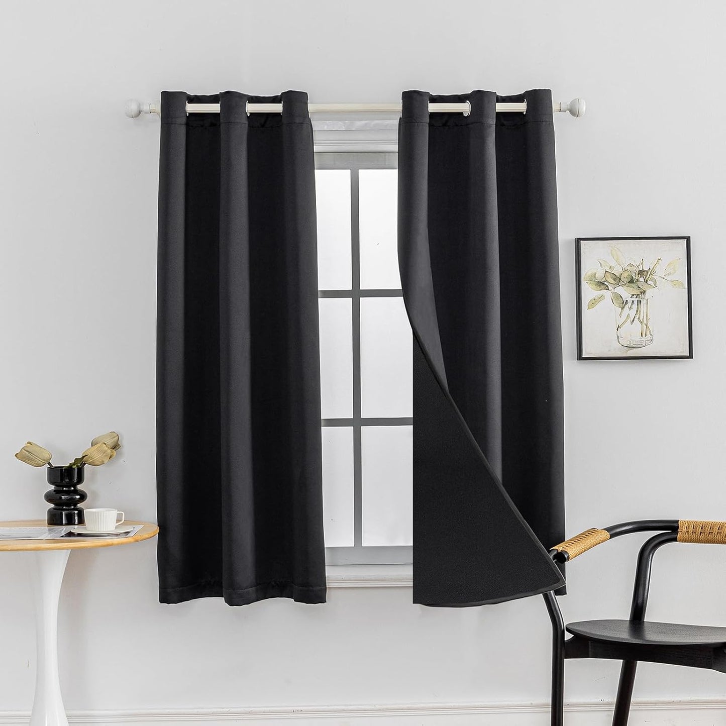 Anytime 100% Blackout Curtain Set, Thermal Insulated & Energy Efficiency Window Draperies for Guest Room, Full Shading Panels for Shift Worker and Light Sleepers（Black, 2 Panels, 42W x 63L）