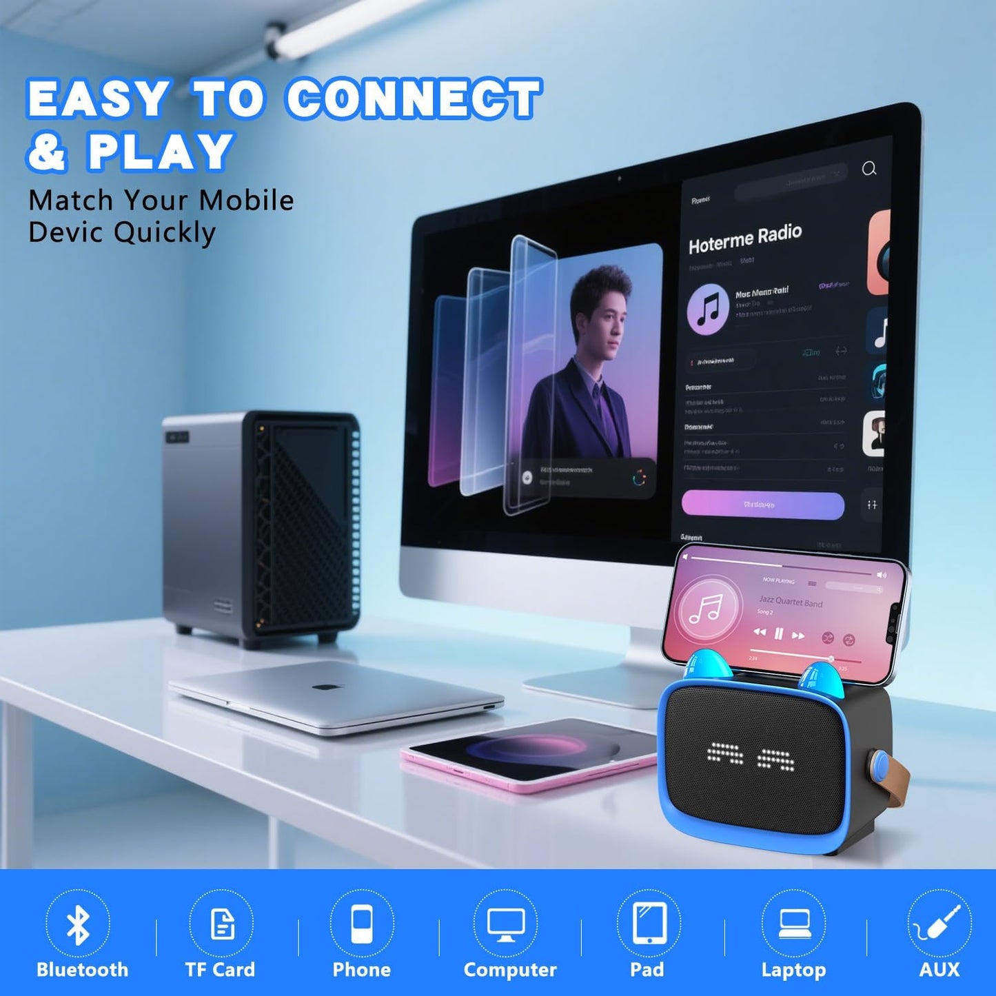 Mgaolo Upgraded Mini Karaoke Machine Toy for Kids, Portable Bluetooth Speaker with 2 Wireless Mics, Emoji & Colorful LED Lights, Home Travel & Party Play Gifts for Boys Girls (Blue)