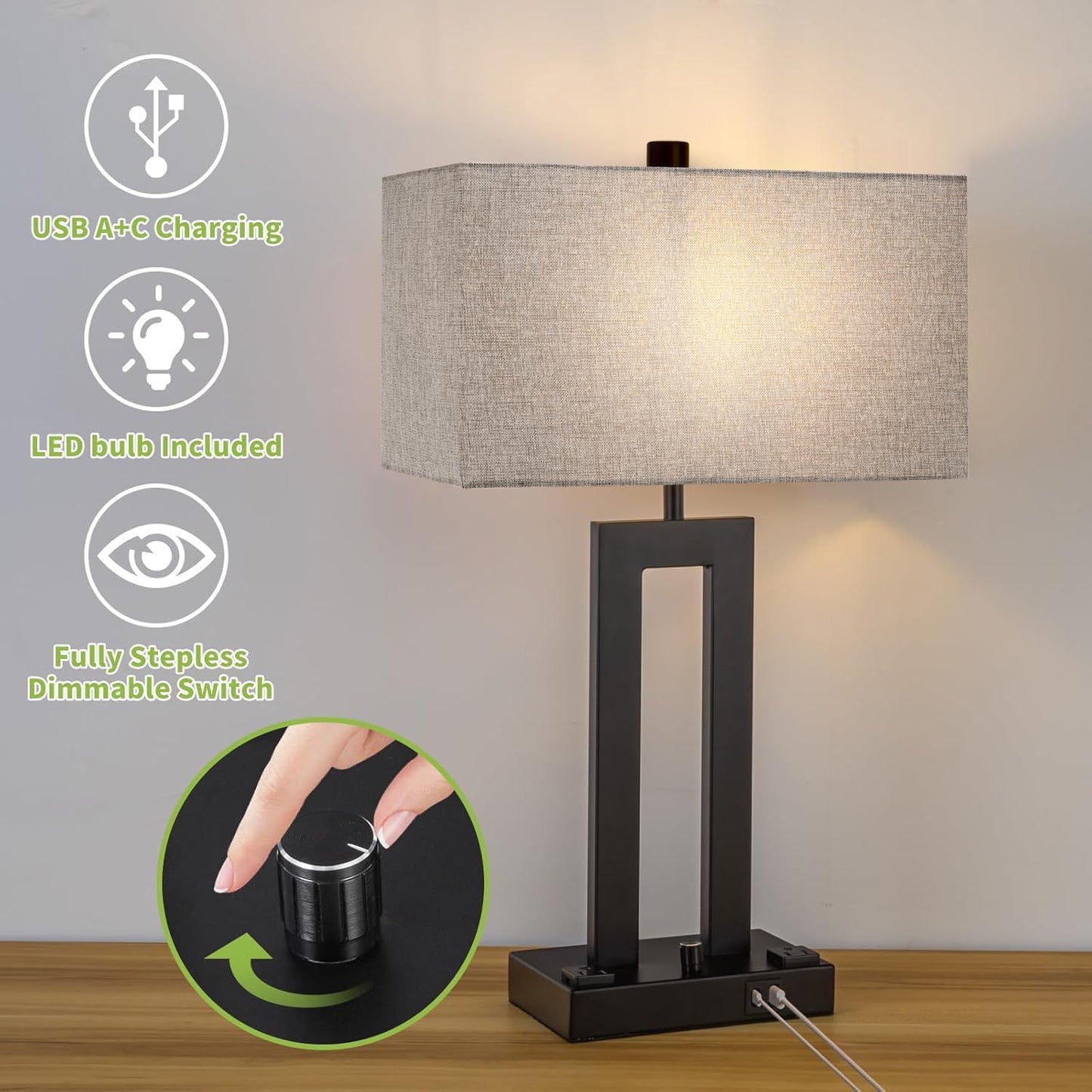 Modern Table Lamps Set of 2-22" Tall Bedside Lamps with USB-C/USB-A Charge Ports & Outlet, Stepless Dimmable Fabric Gray Shade Nightstand Lamps for Bedroom & Living Room