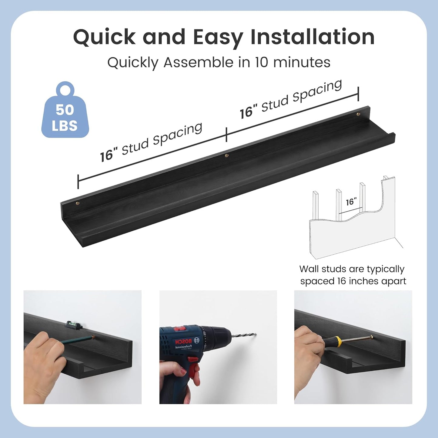 Picture Ledge Wall Shelves - 36 Inch Width Set of 3, Solid Pine Wood Rustic Floating Ledge Shelves for Kids' Room, Bedroom, Kitchen, Bathroom, Living Room, Nursery Display Wall Decor, Black