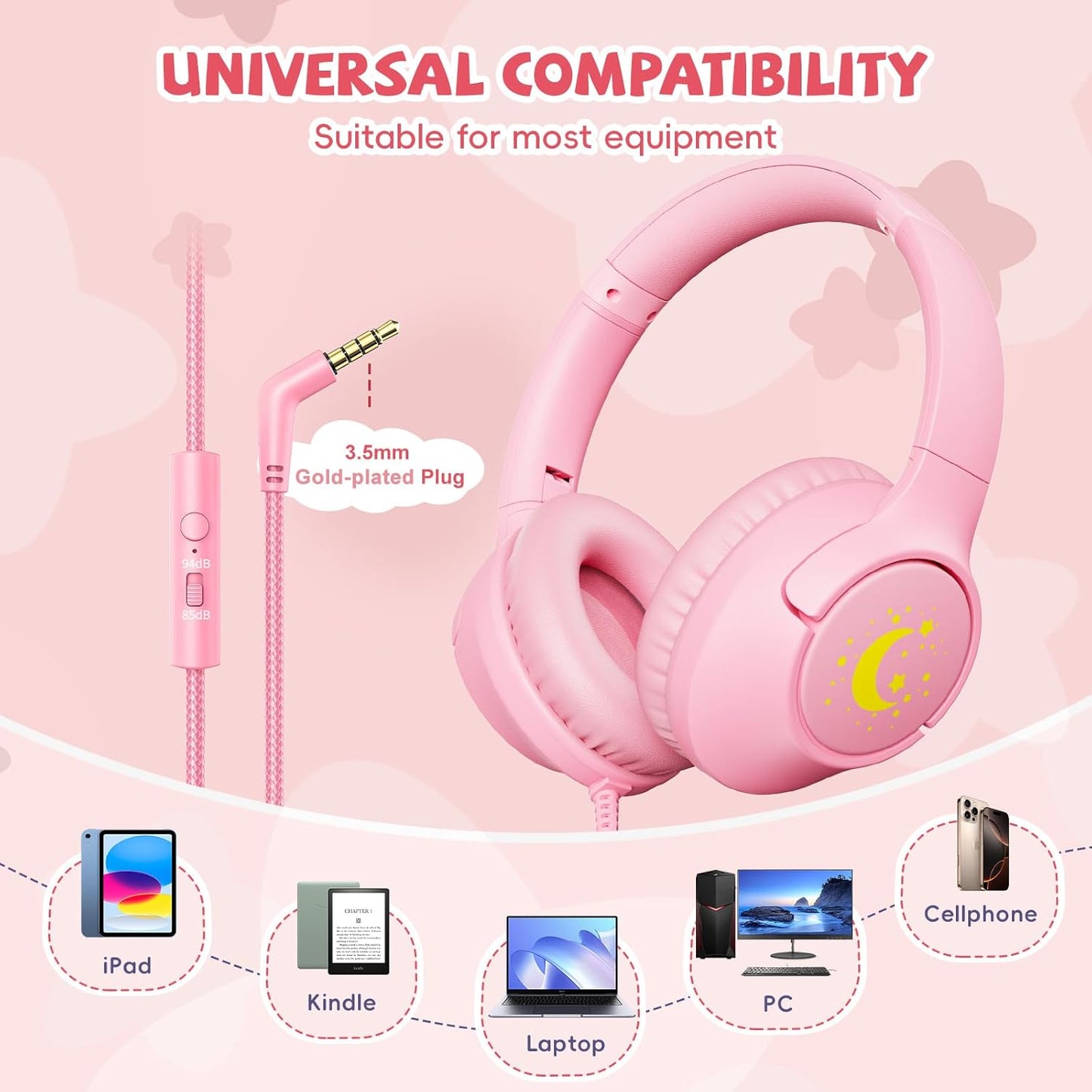 Kids Headphones with Microphone for School, 85/94 dB Volume Limit, Wired Over Ear Girls Headphones for Kids with Stereo Sound 3.5mm Wired Cord for Kindle Tablet Airplane Travel, Pink