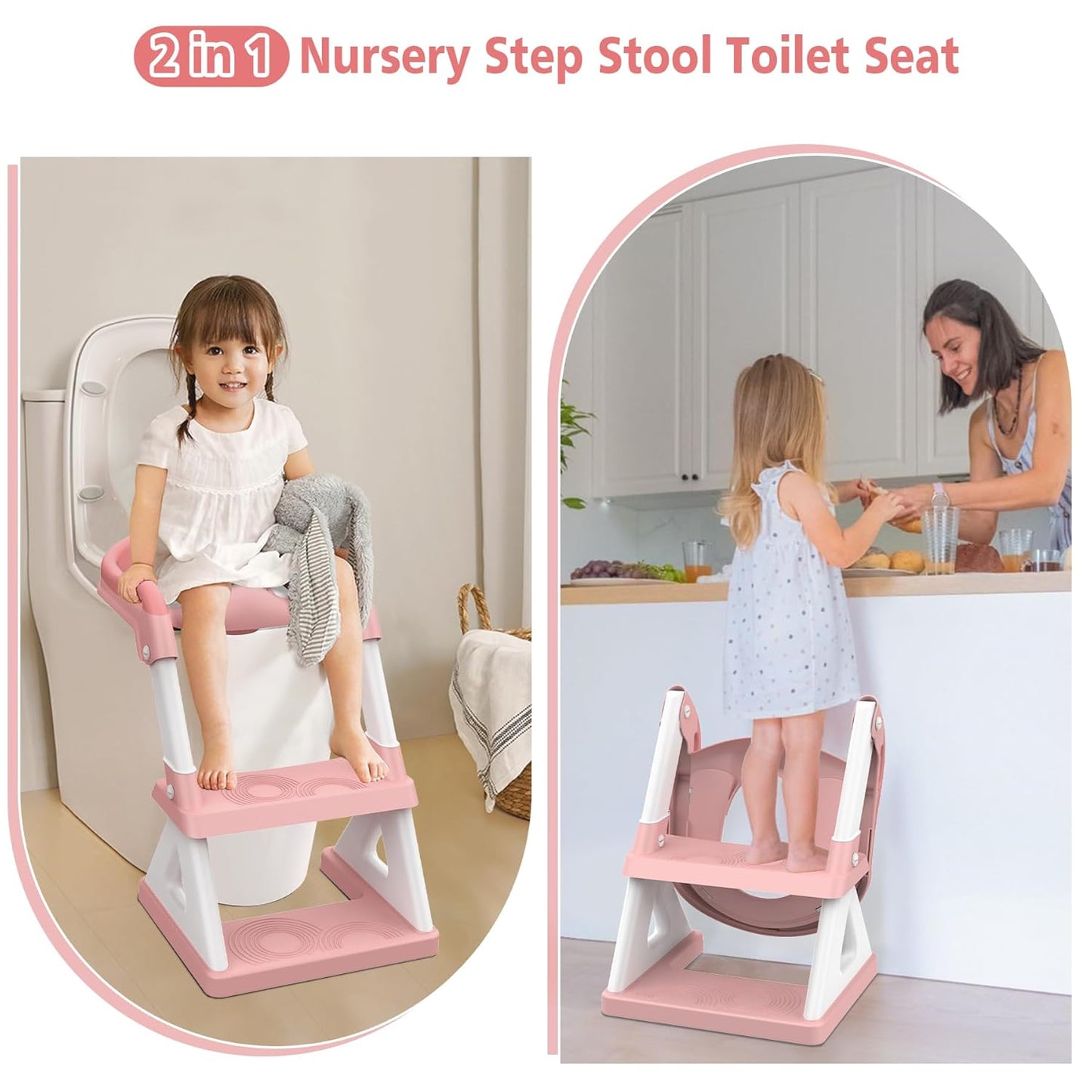 2 in 1 Potty Training Toilet Seat & Toddler Step Stool, Bottom Triangle Stability Toddler Toilet Seat, Adjustable Step & Seat Height Potty Seats for Toddlers Boys Girls (Pink)