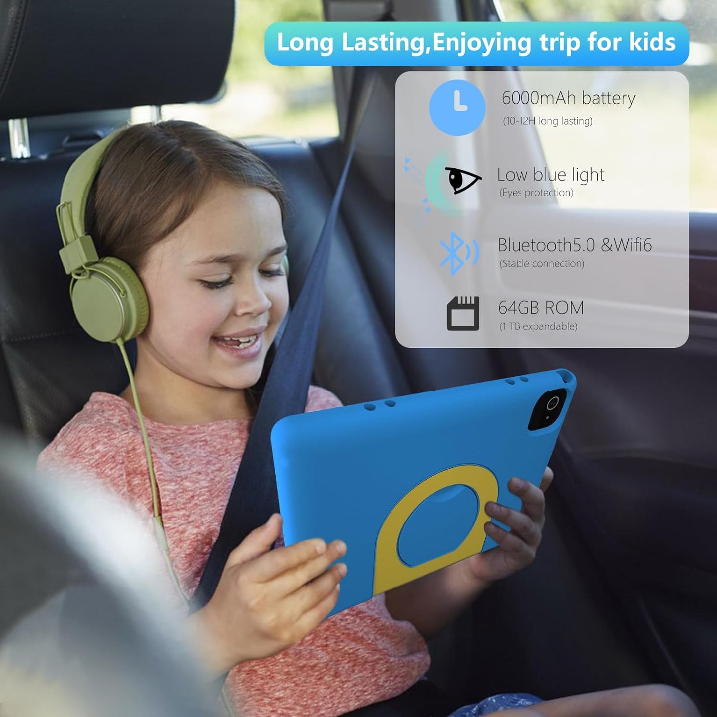 Tablet for Kids 10.1 inch Android 14, 8GB+64GB(TF 1TB) 6000mAh Kids Tablet WiFi6 Parental Control,Face Unlock, 1280 * 800 HD Screen (Layard Blue)