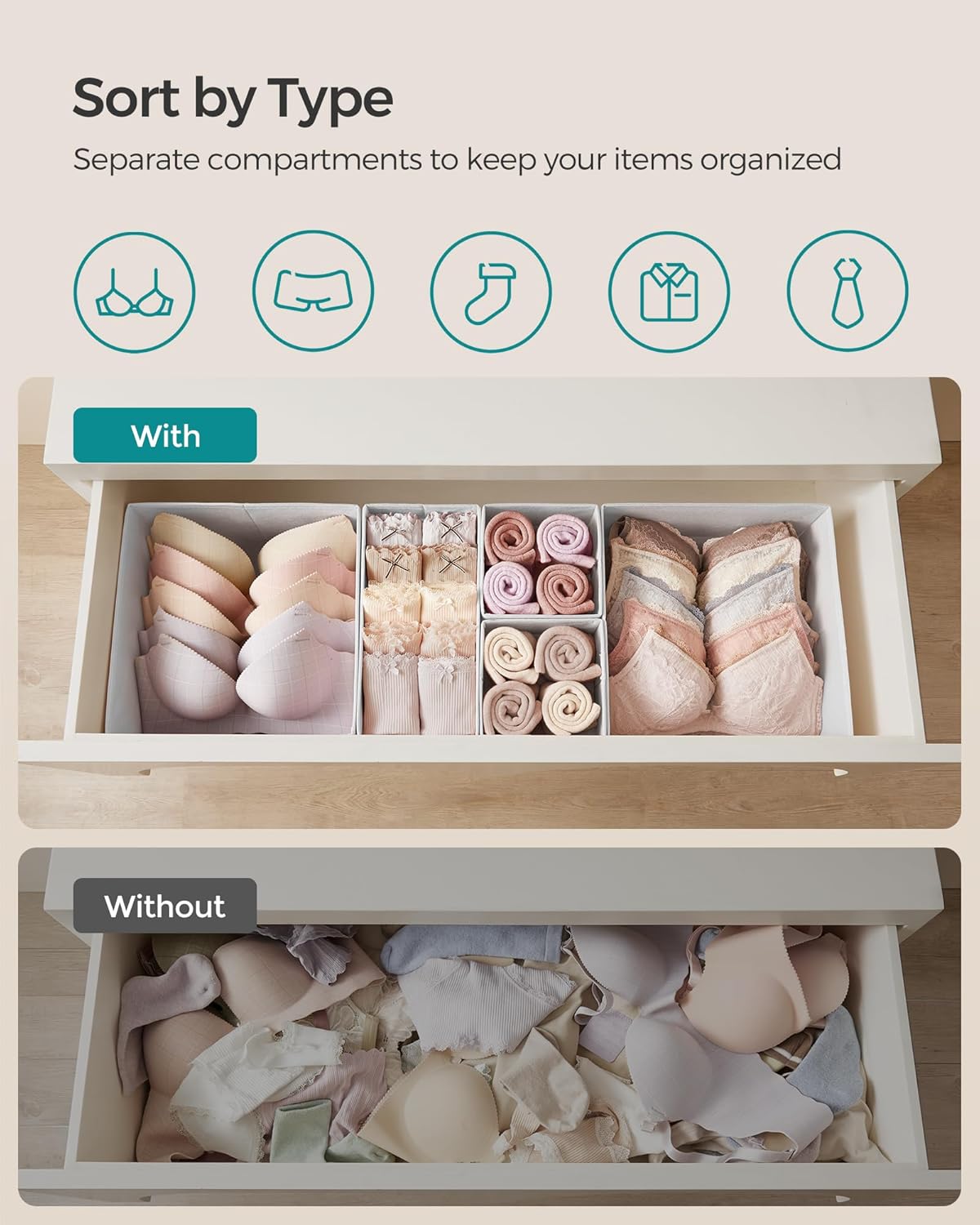 SONGMICS Drawer Organizers, Dresser Divider Organizers, Set of 18, Foldable Fabric Storage Boxes for Socks, Underwear, Bras, Ties, Scarves, Cloud White URDZ006W03