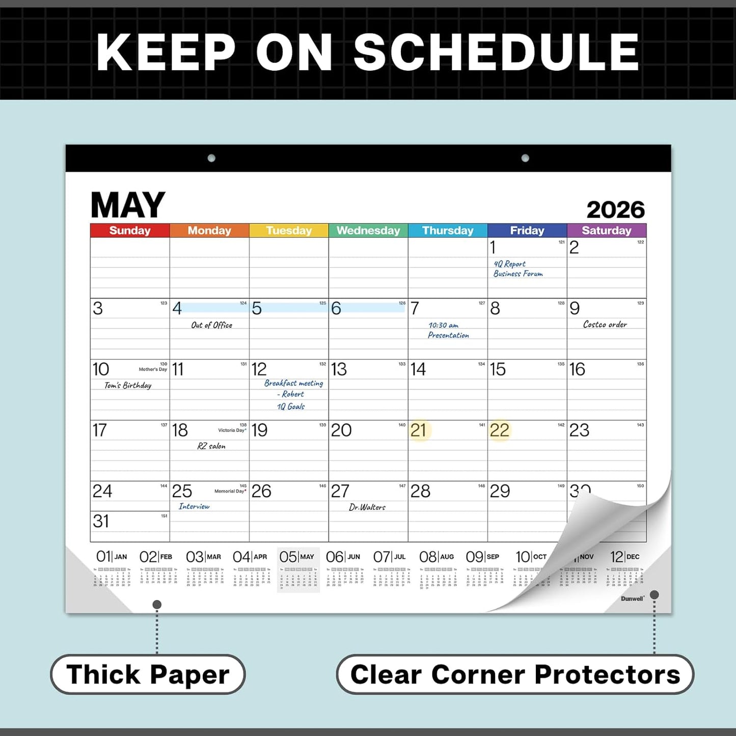 Dunwell 22x17 Desk Calendar 2025-2026 (Colorful), Use Now to Dec 2026, as Large Hanging Wall Calendar or Big Monthly Desktop Blotter, Lined Daily Blocks, Easy to Read, Perfect for Office or Home