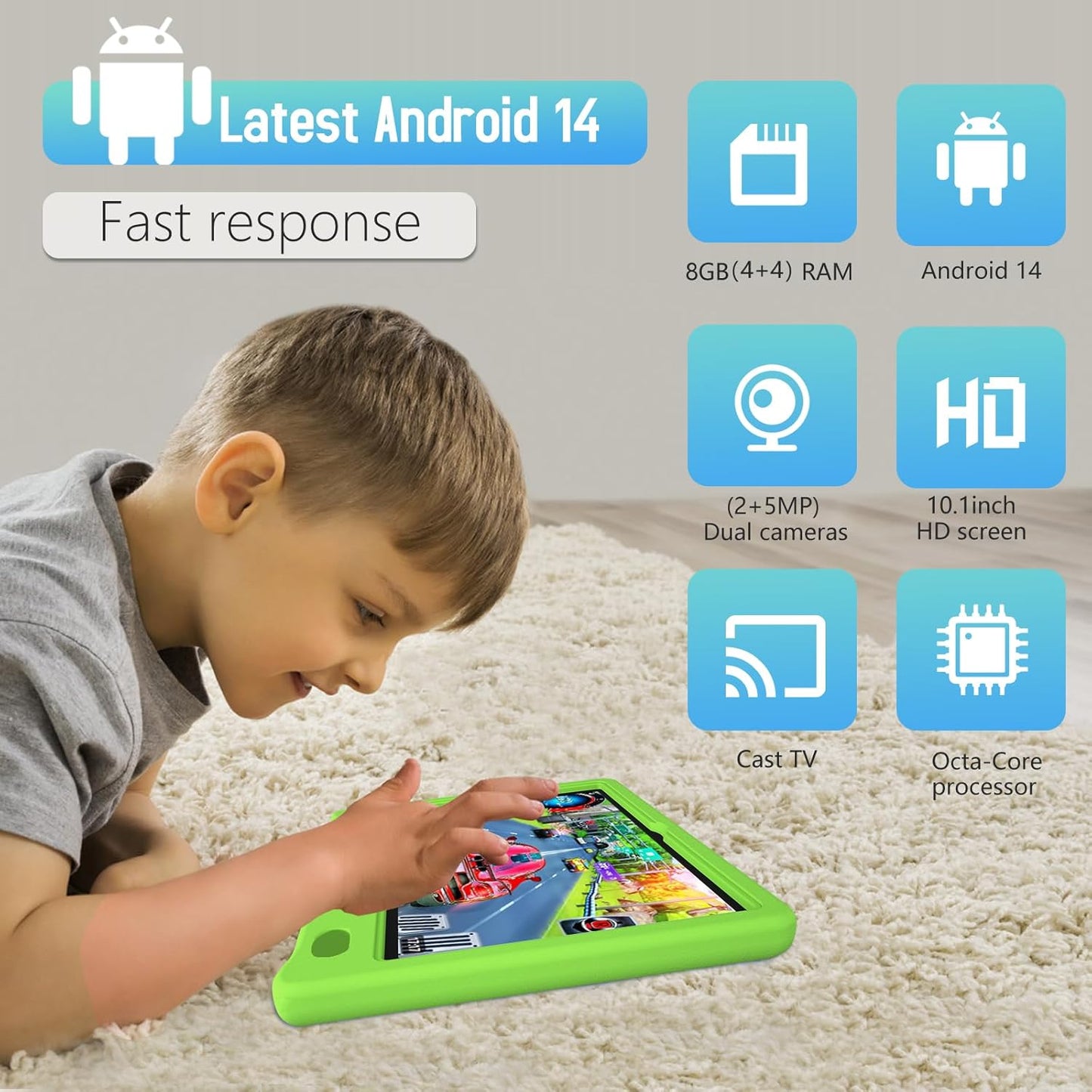 Tablet for Kids 10.1 inch Android 14 6000mHA 8GB RAM+64GB ROM(Expandable to 1TB Kids Tablet Age 3-12 with Case& Lanyard WiFi6 Google Kids Space Parental Control 1280 * 800 HD Screen Green
