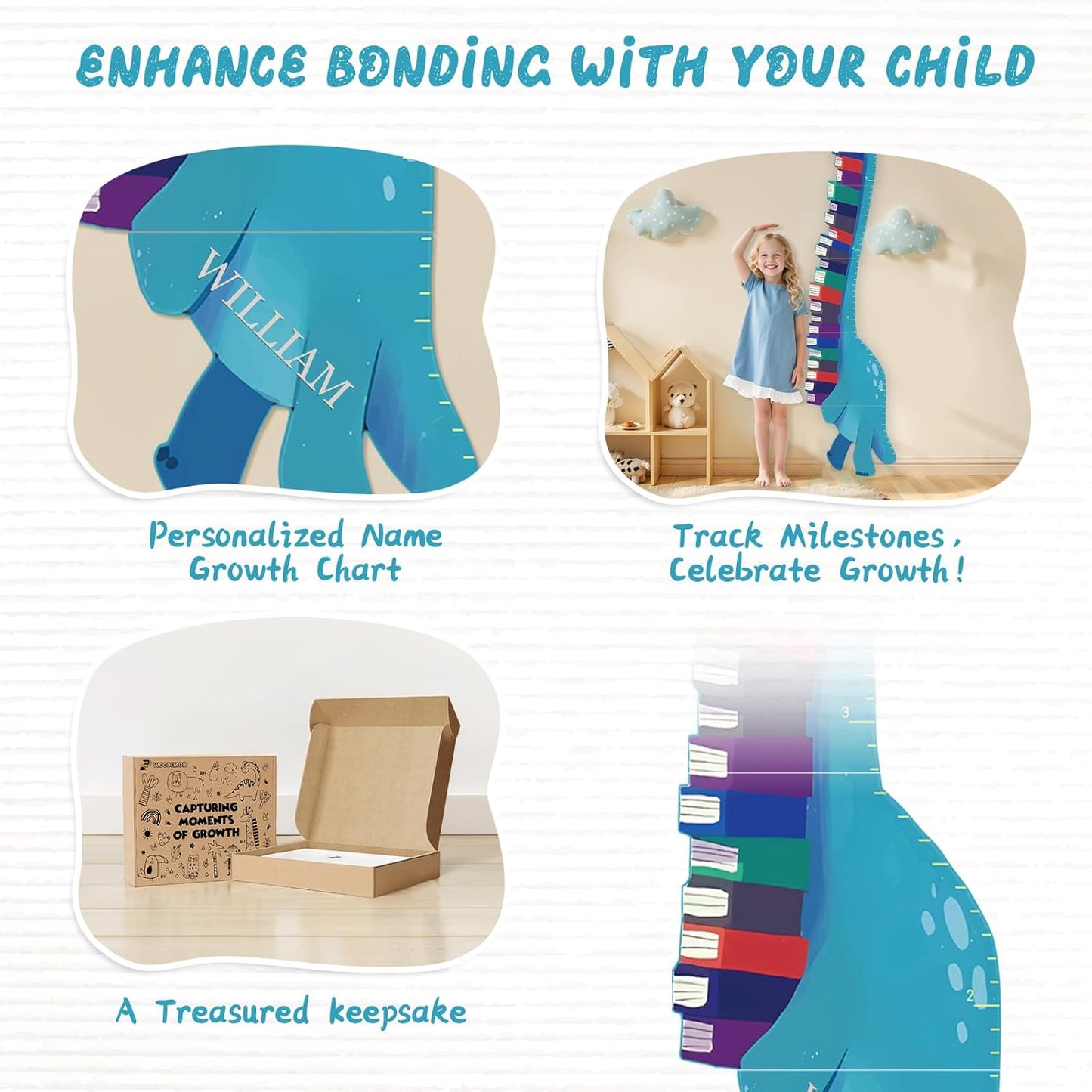 Personalized Name Growth Chart for Wall, Dinosaur Book Wooden Growth Chart Kids Height Chart,Growth Ruler for Toddler Playroom Decor 62.4" x 15.5"