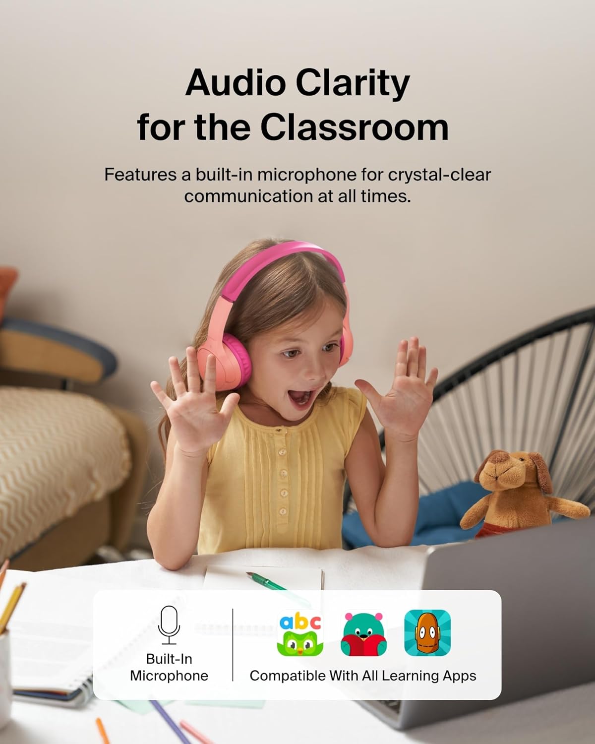 Belkin SoundForm Mini - Wireless Bluetooth Kids Headphones with 30H Battery Life, 85dB Safe Volume Limit, Built-in Microphone - Kids On-Ear Earphones for iPhone, iPad, Fire Tablet & More - Pink