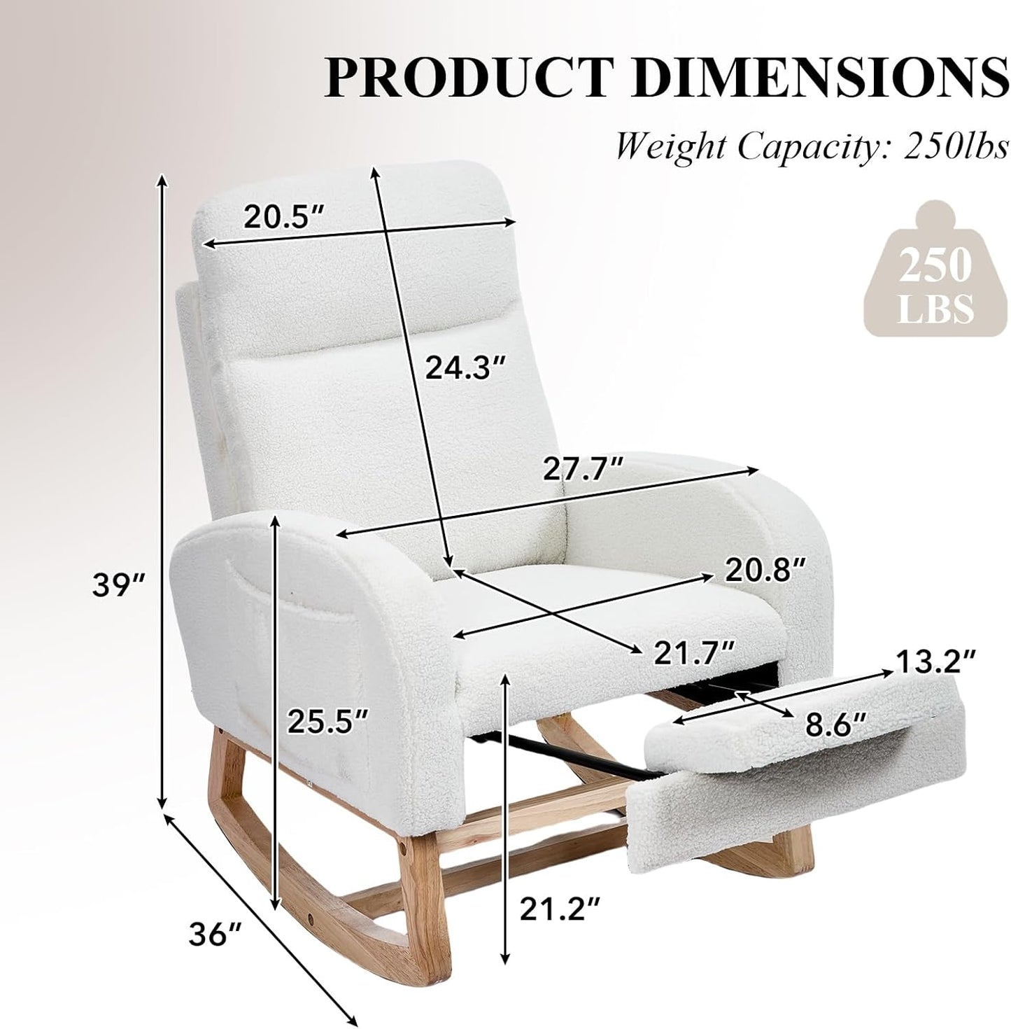 NIOIIKIT Oversized Nursery Rocking Chair, Teddy Upholstered Glider Chair with Footrest, Large Glider Rocker with Side Pocket, Rocking Accent Chair, Glider Recliner for Living Room (White Teddy)