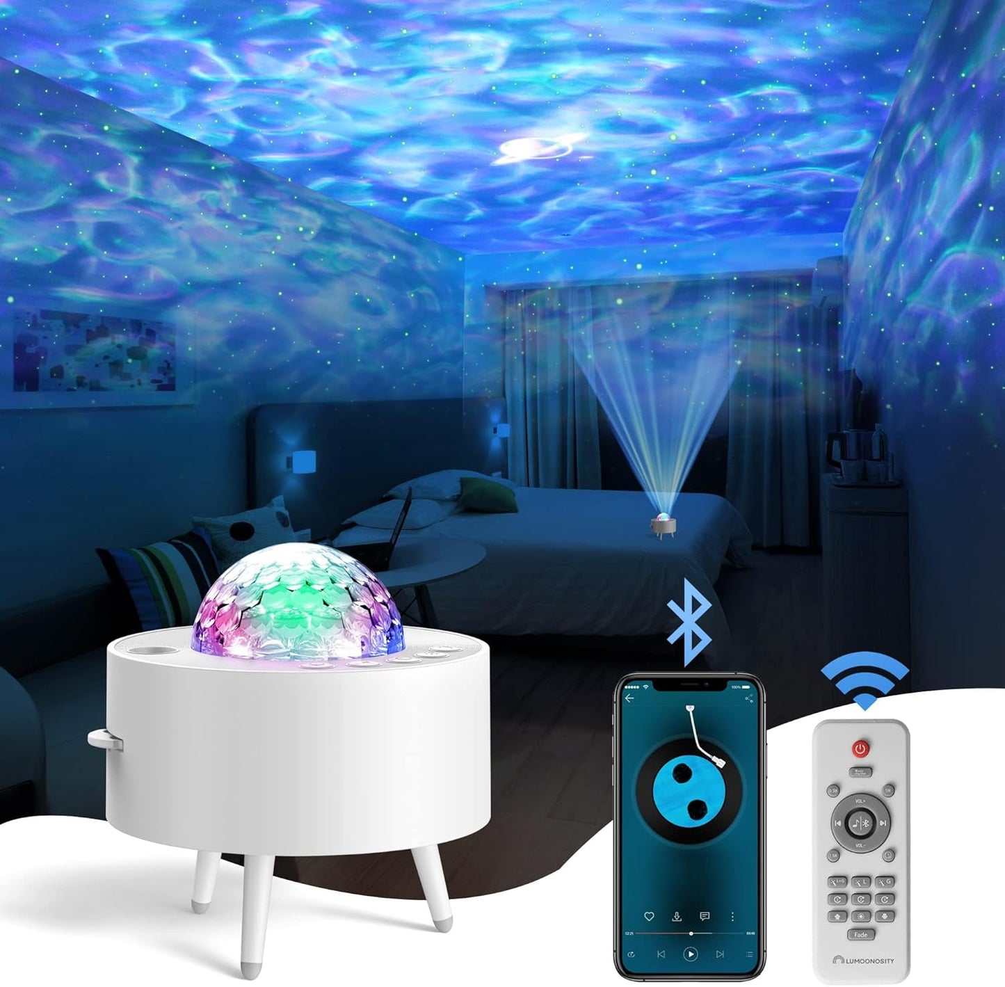 Lumoonosity Ocean Wave Projector – Water Light Projector for Bedroom, Kids Room Decor – Ocean Galaxy Night Light with Speaker - Starry Light with 9 Planet, Star, Water Wave Effect
