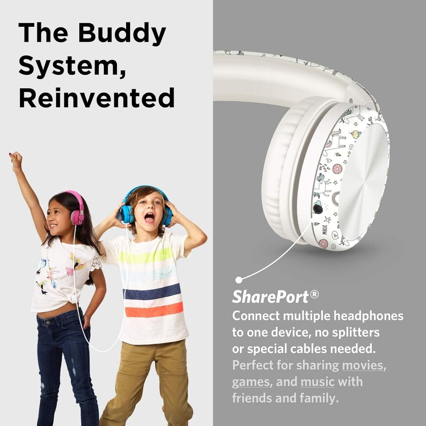 LilGadgets Connect+ Wired Kids Headphones for School with Microphone, Noise & Volume Reducing Over-Ear Headset with Cord, SharePort Technology & SoftTouch Padding, Magical Unicorns Headphones for Kids