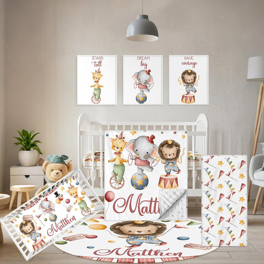 Custom Baby Crib Bedding Set, 5 Pcs Personalized Name Baby Crib Set with Double Layer Blanket, Soft Circus Animals Nursery Bedding Set for Girls Boys, Customized Gifts for Infants Toddlers