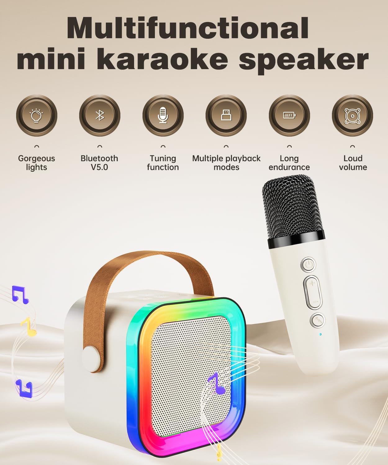 Mini Karaoke Machine Speaker for Kids Adults,Portable Bluetooth with 1-2 Wireless Microphones,Christmas Birthday Gifts Toys Girls Boys Ages 4, 5, 6,7, 8,9,10,11,12+ Years Old Toddler (Off-White -1Mic)