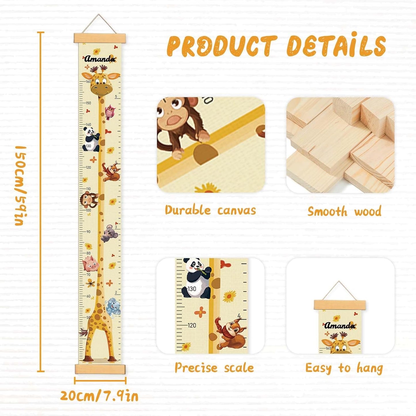 Customize Name Growth Chart Wall, Funny Giraffe Premium Canvas Removable Height Chart for Kids, Height Measurement for Wall, Unisex Kids Room Wall Decor, Measuring Height Charts