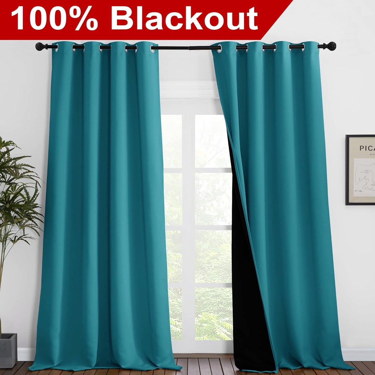 NICETOWN Full Shading Curtains 96 inches Long 2 Panels Set for Windows, Super Heavy-Duty Black Lined Blackout Curtains for Bedroom, Privacy Assured Window Treatment (Peacock Teal, 55 inches W)
