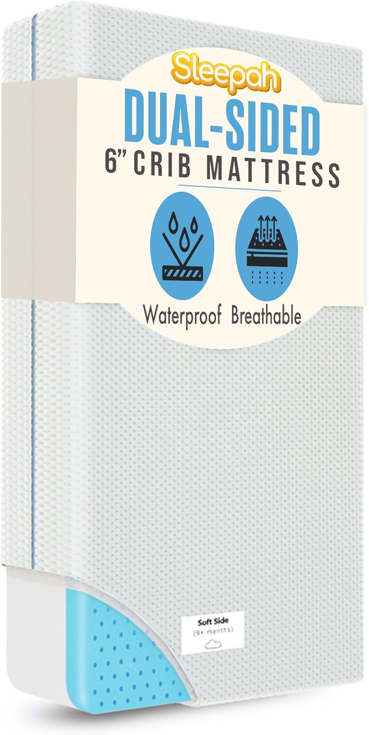 Sleepah 6" Crib & Toddler Bed Mattress Dual Sided (Firm & Plush) Cooling Memory Foam – Waterproof Washable Breathable Soft Cotton Fabric – CertiPUR Baby Mattresses - for Baby & Toddlers (Blue)