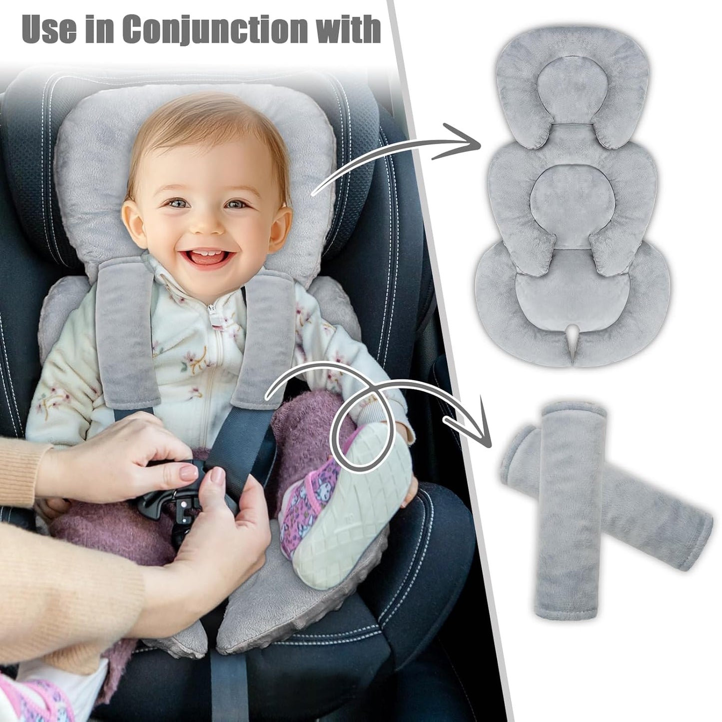 Infant Car Seat Insert Head and Body Support, GFU Reversible Newborn Insert for Carseat with Strap Pads, Soft Stroller Cushion Pillow Insert for Boys and Girls, Fits for Stroller, Swing, Grey