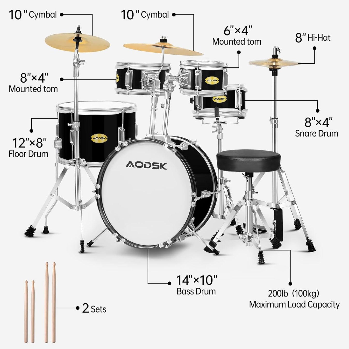 AODSK Kid Drum Sets 5-Piece for Beginners, 14 inch Full Size Complete Drum Kit with Adjustable Throne, Cymbal, Hi-Hat, Pedal & Drumstick, Black