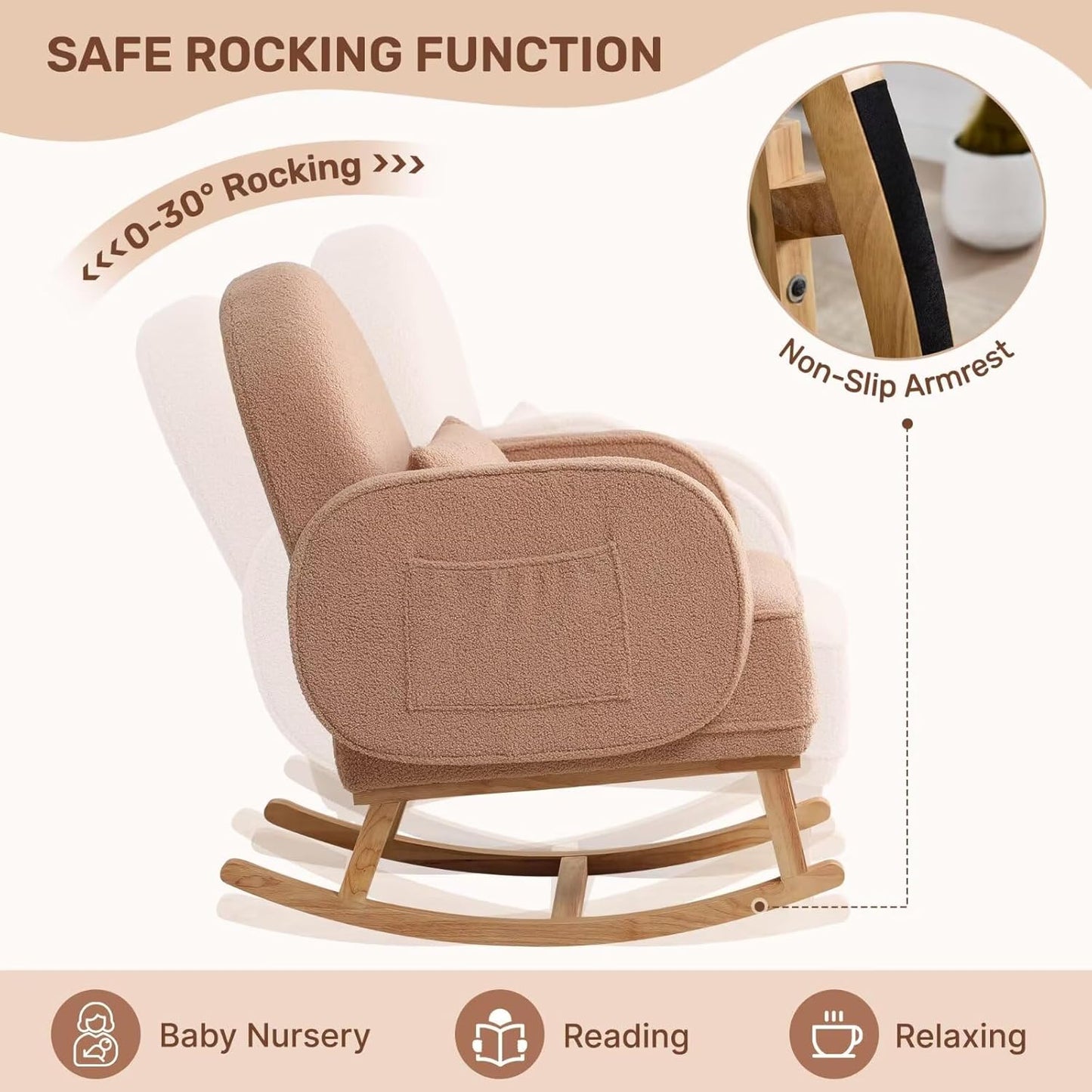 Rocking Chair Nursery with Ottoman, Upholstered Glider Rocker with High Backrest and Side Pocket, Rocking Accent Armchair with Solid Wood Legs for Nursery, Living Room, Bedroom Coffee